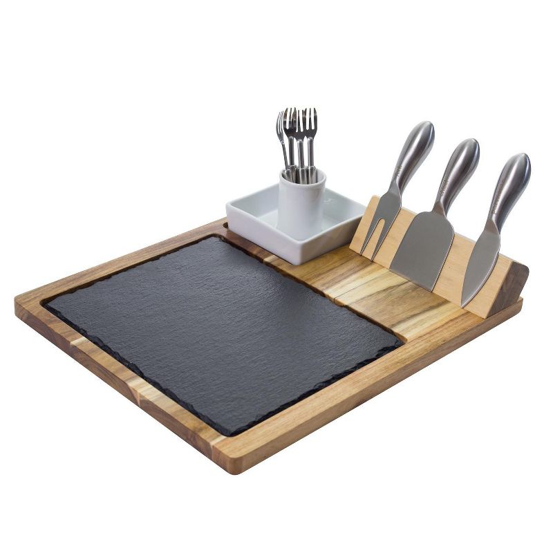 Zelancio 10 Piece Charcuterie Cheese Board Set with Acacia Wood Serving Tray, Slate Board, Serving Forks, Cheese Cutting Knives/Tools, and Olive Dish
