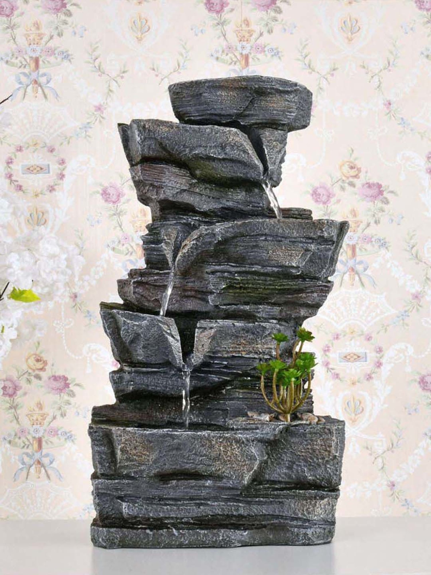 @home Grey Resin Four Bowl Decorative Water Fountain With Led Light