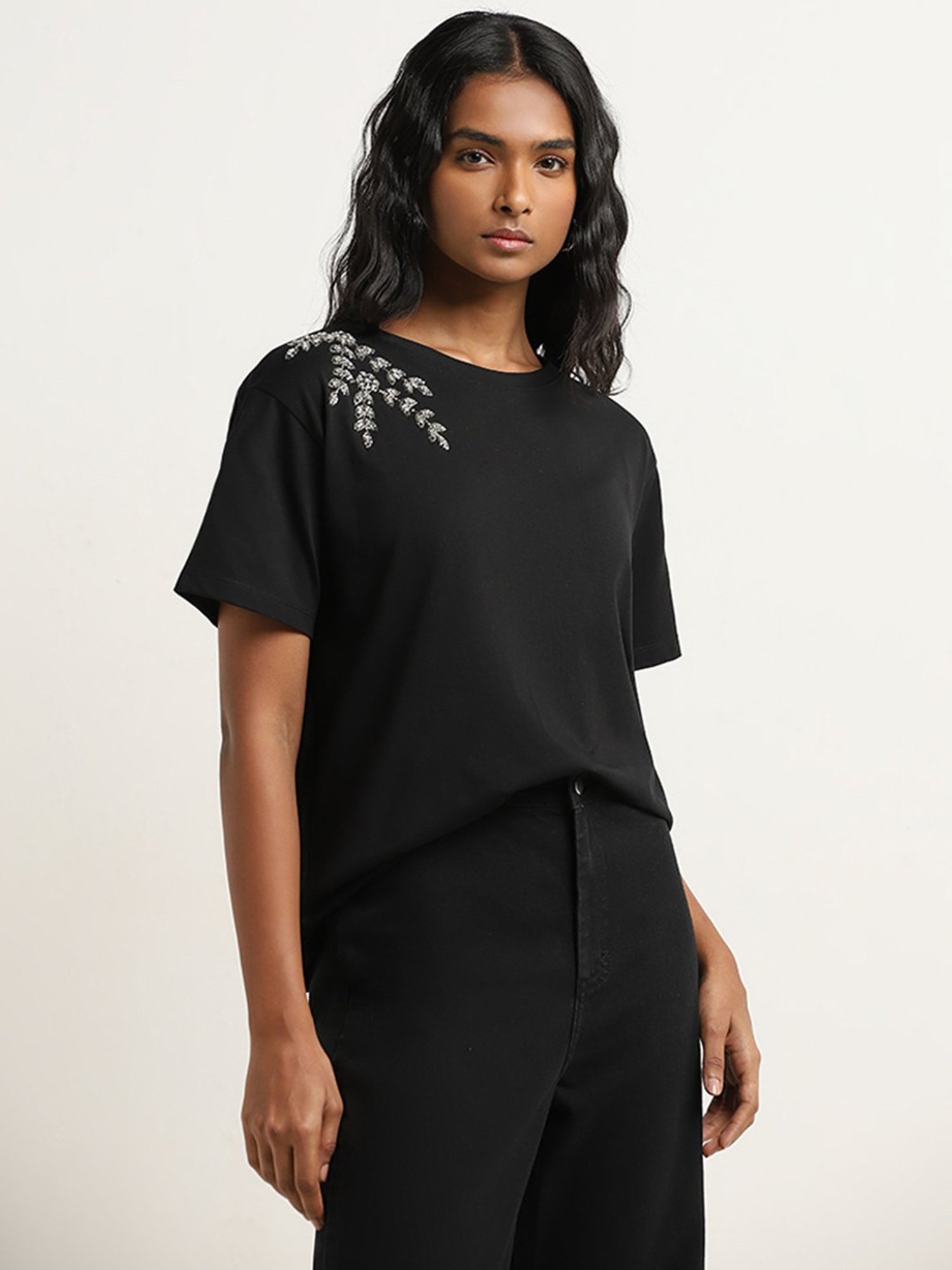 LOV by Westside Black Leaf Embellished Cotton T-Shirt