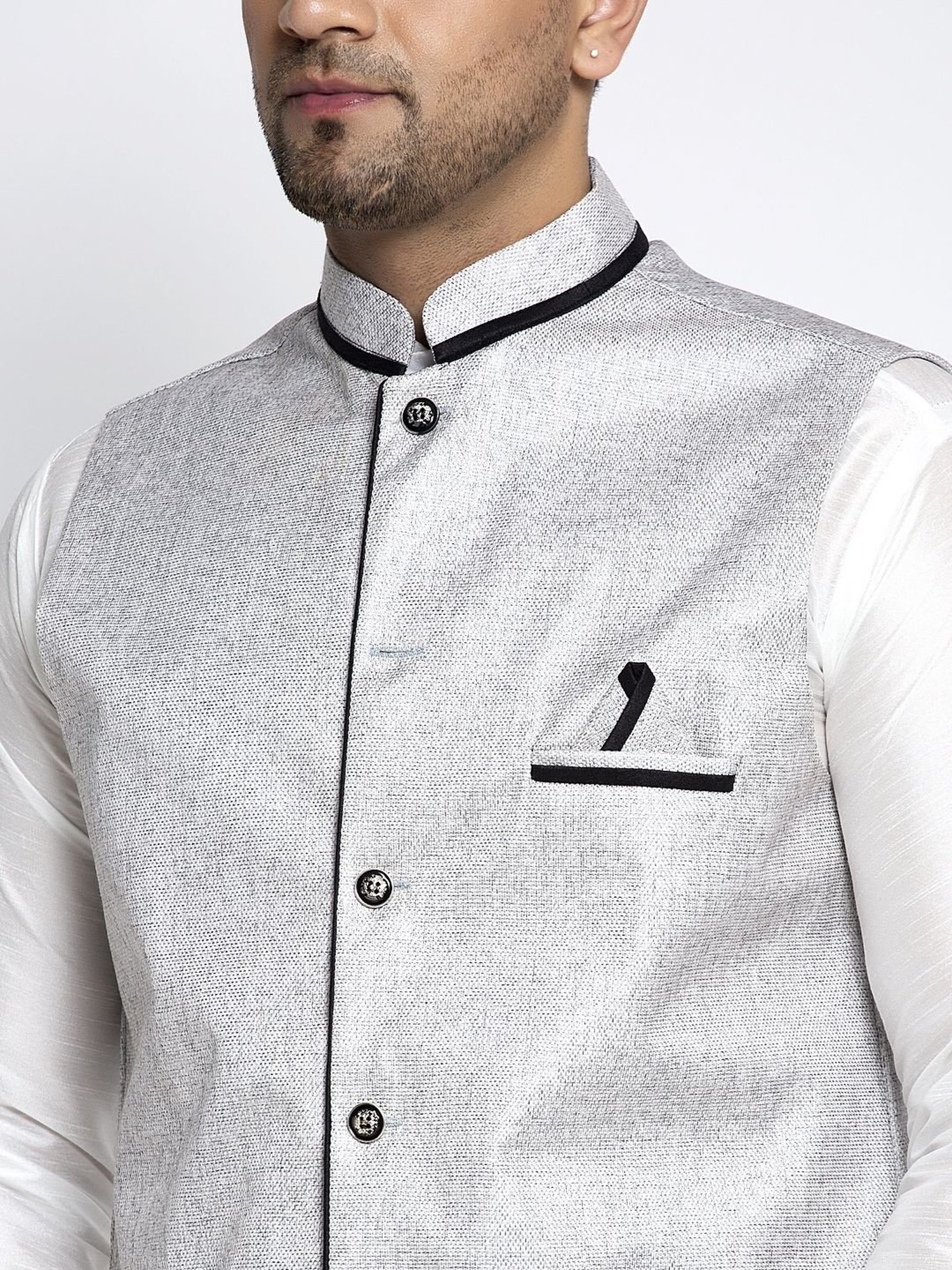 Benstoke White & Grey Regular Fit Kurta Set With Jacket