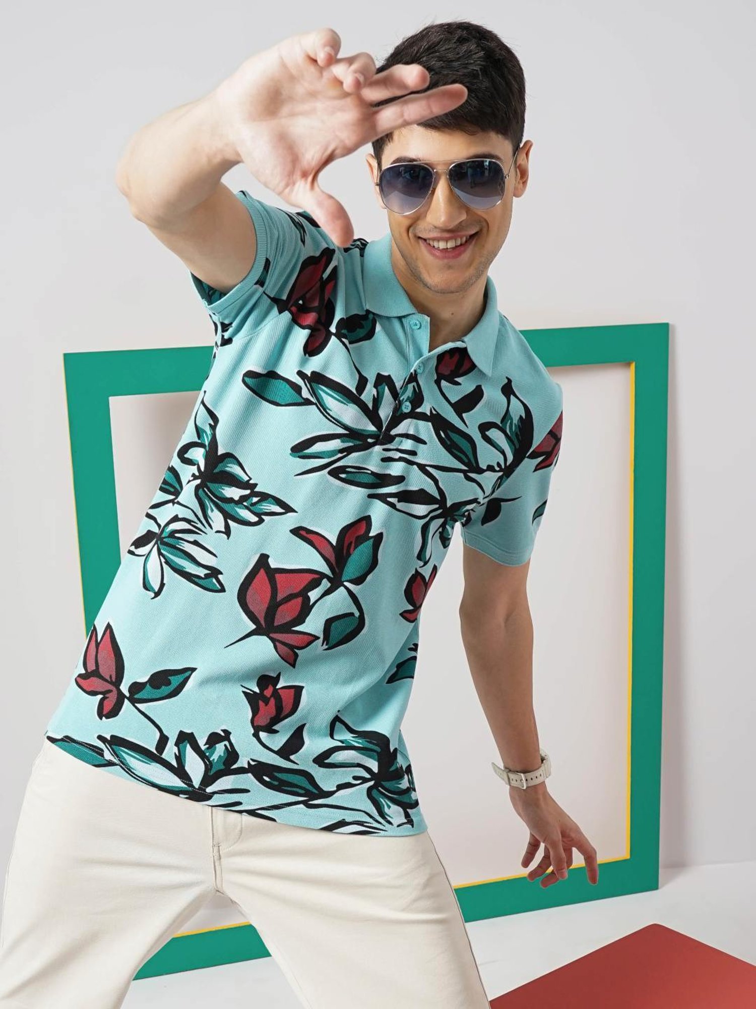 Celio Sea Green Cotton Regular Fit Printed Polo T-Shirt