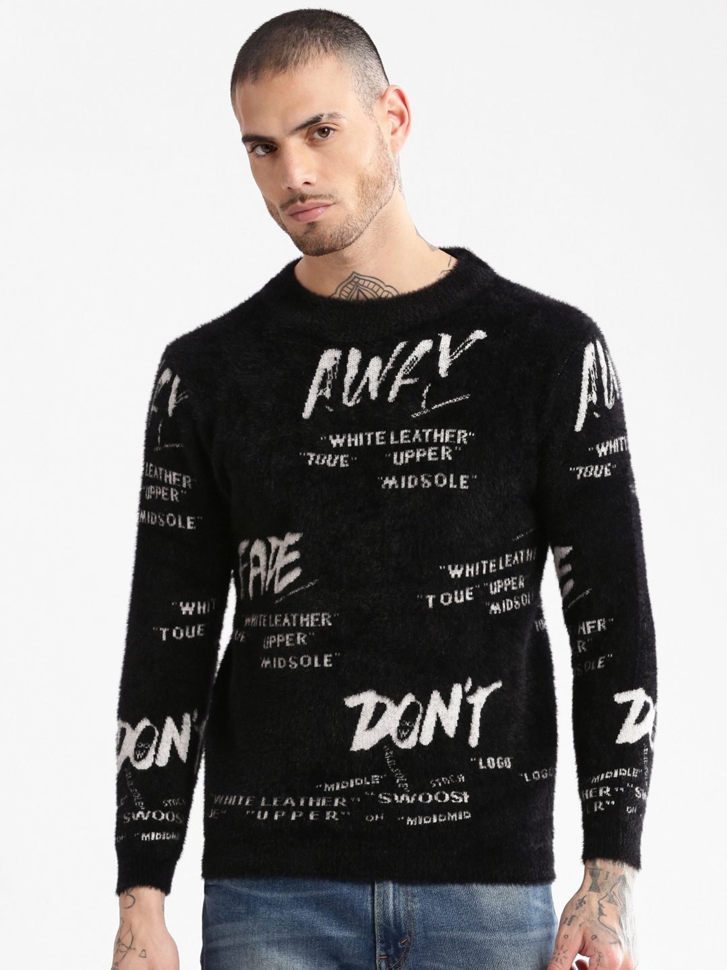Showoff Black Slim Fit Printed Sweater
