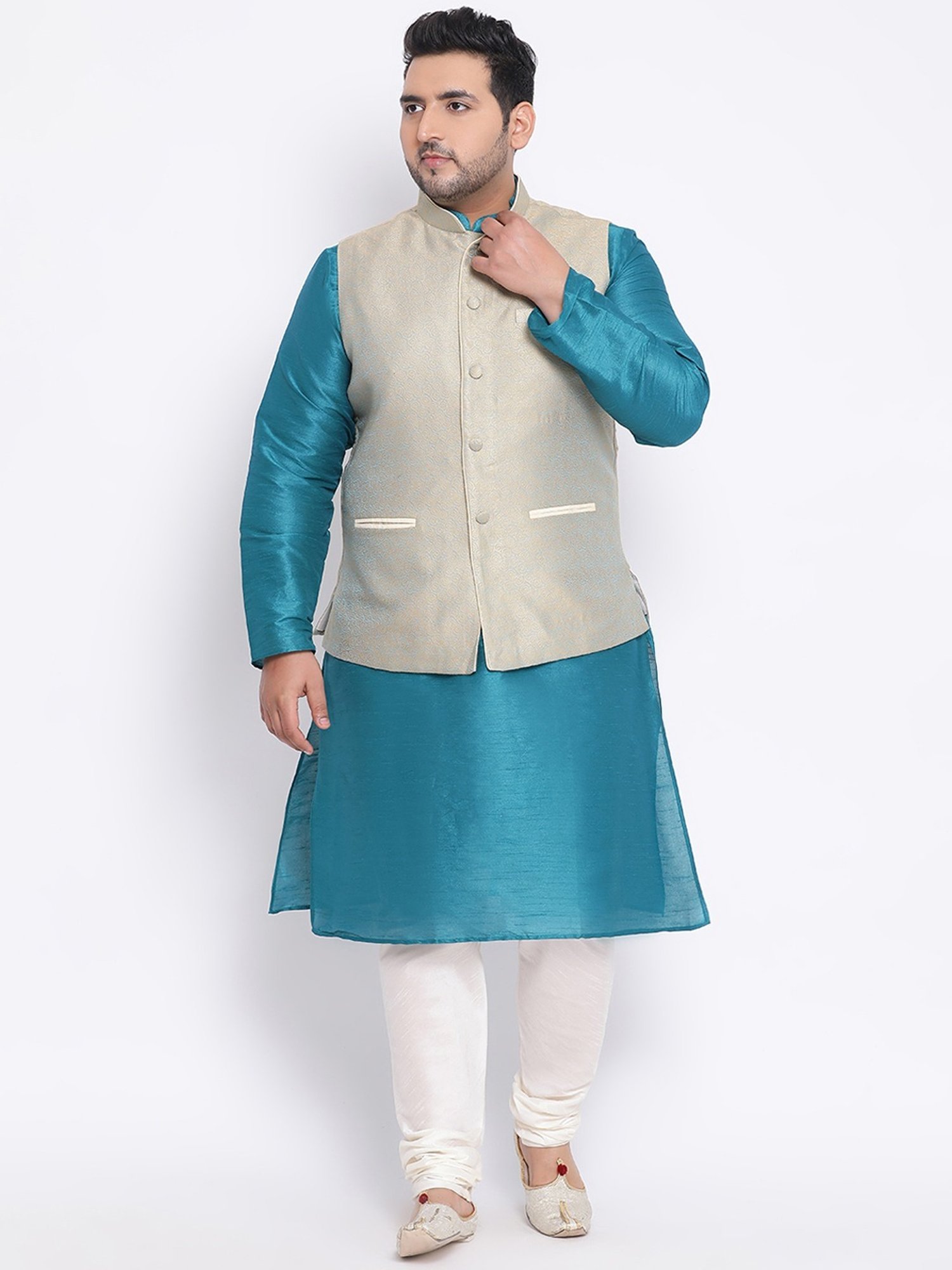 KISAH PLUS Green Regular Fit Jacquard Kurta Set With Jacket