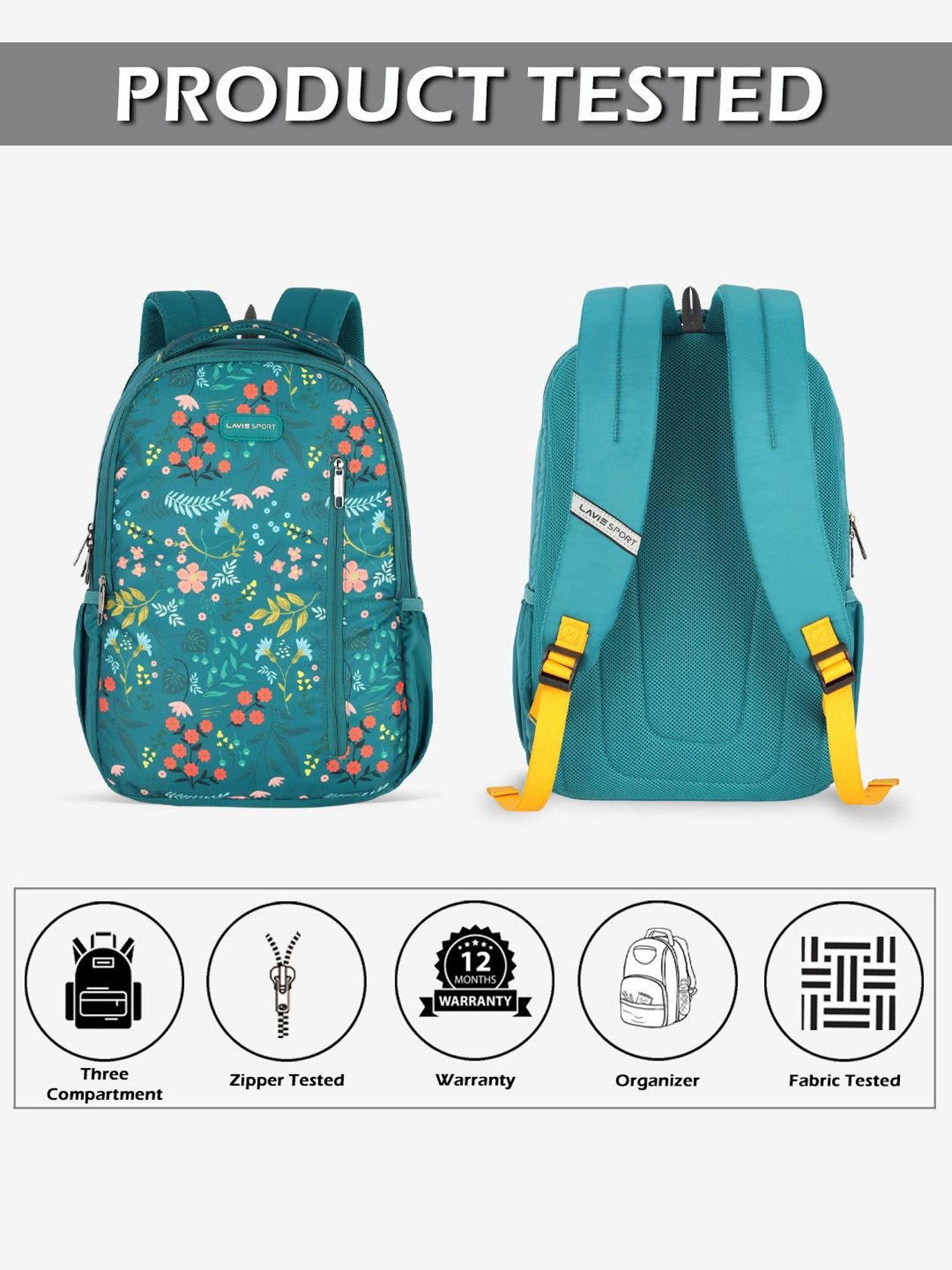 Lavie Sport Radiant 26L Floral Printed School Backpack for Girls (Teal)
