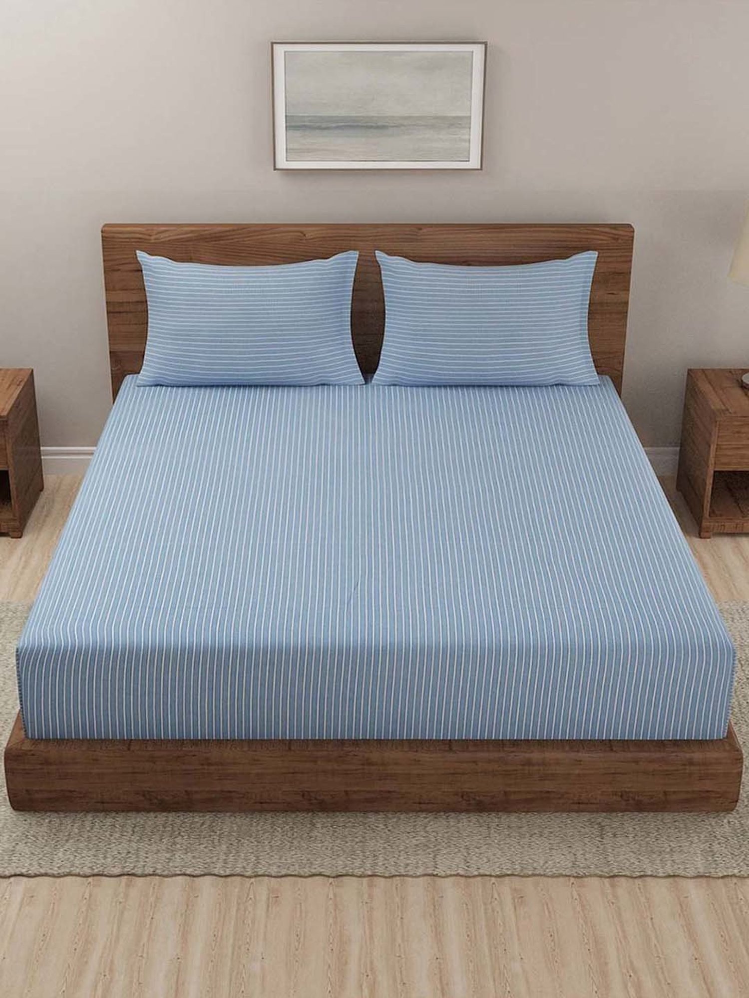 Fabindia Home Blue Cotton 92 TC Nile Double Bed Sheet with 2 Pillow Covers