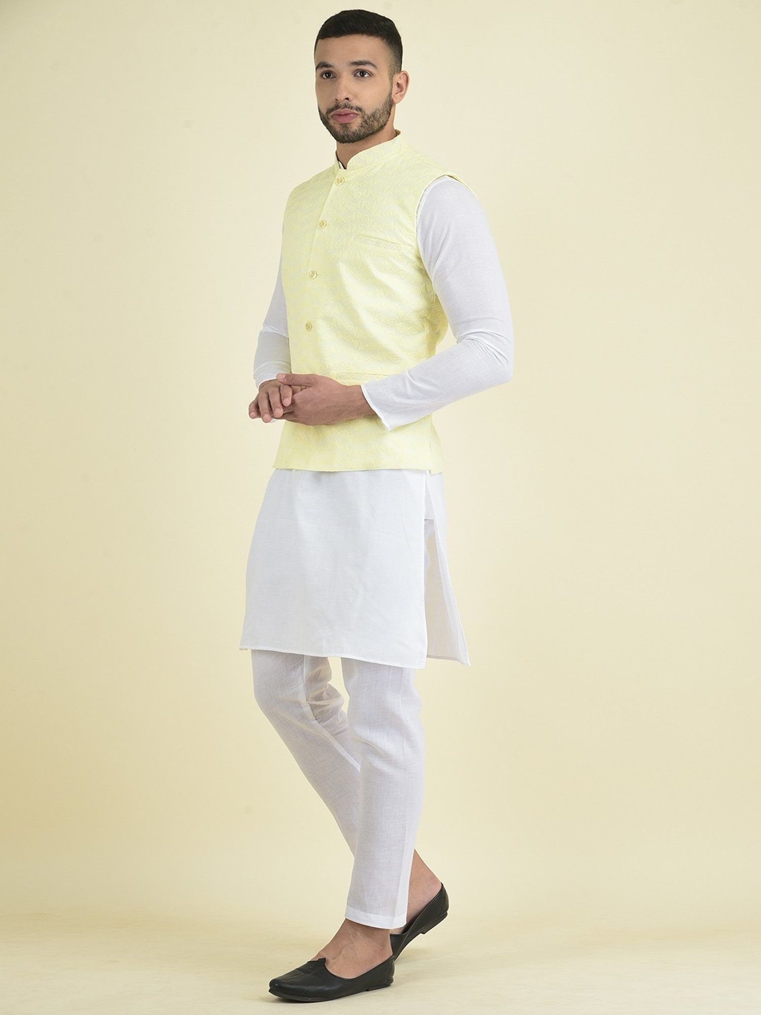 Deyann Yellow & White Cotton Regular Fit Embroidered Kurta Set With Jacket
