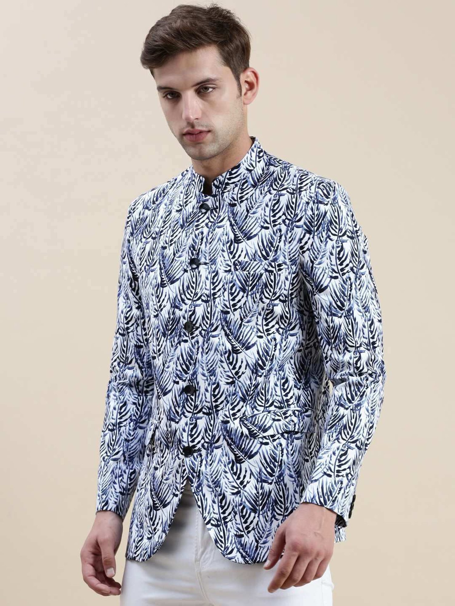 SHOWOFF White Cotton Slim Fit Printed Blazer