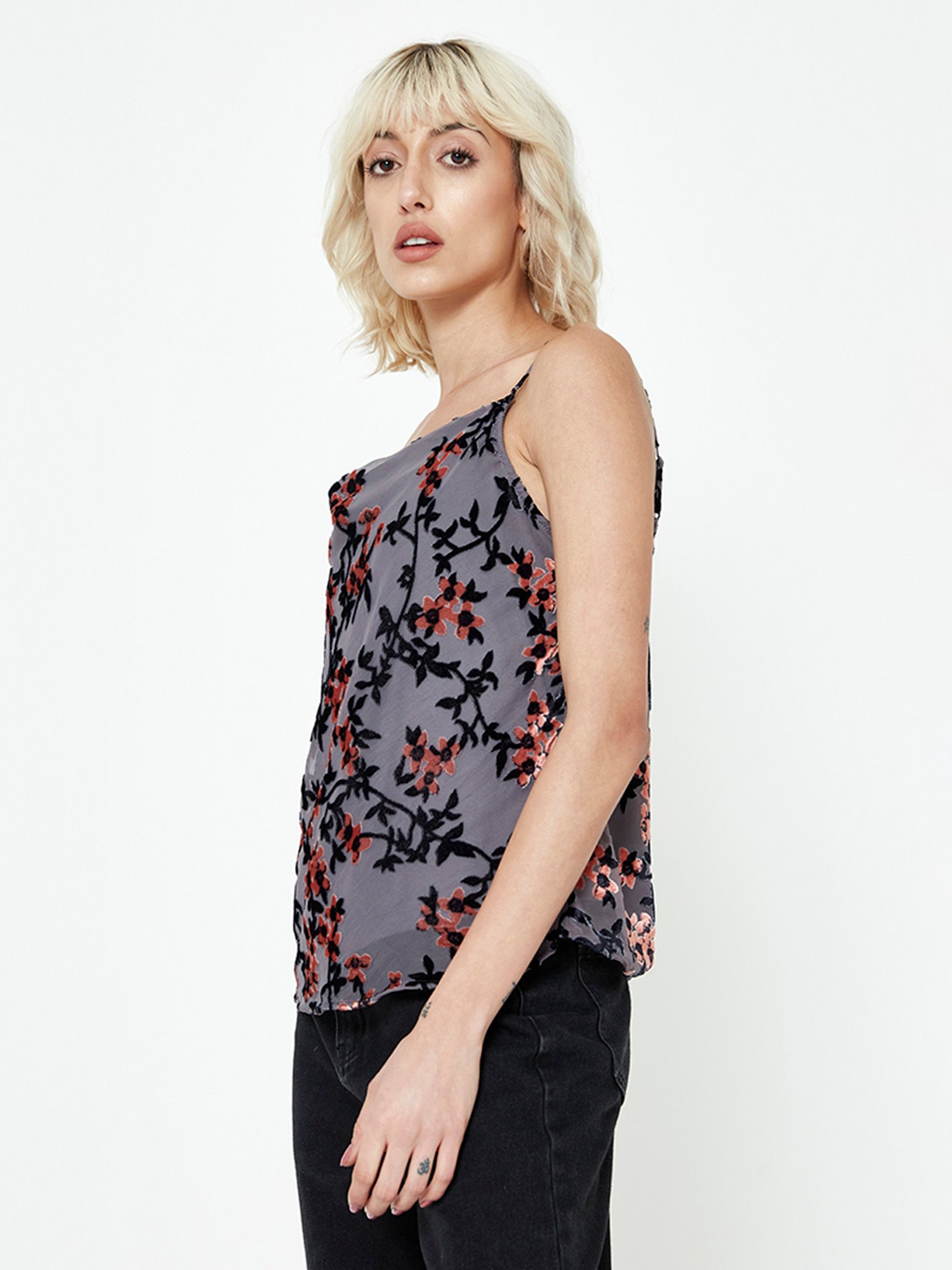 Cover Story Grey Printed Spaghetti Top