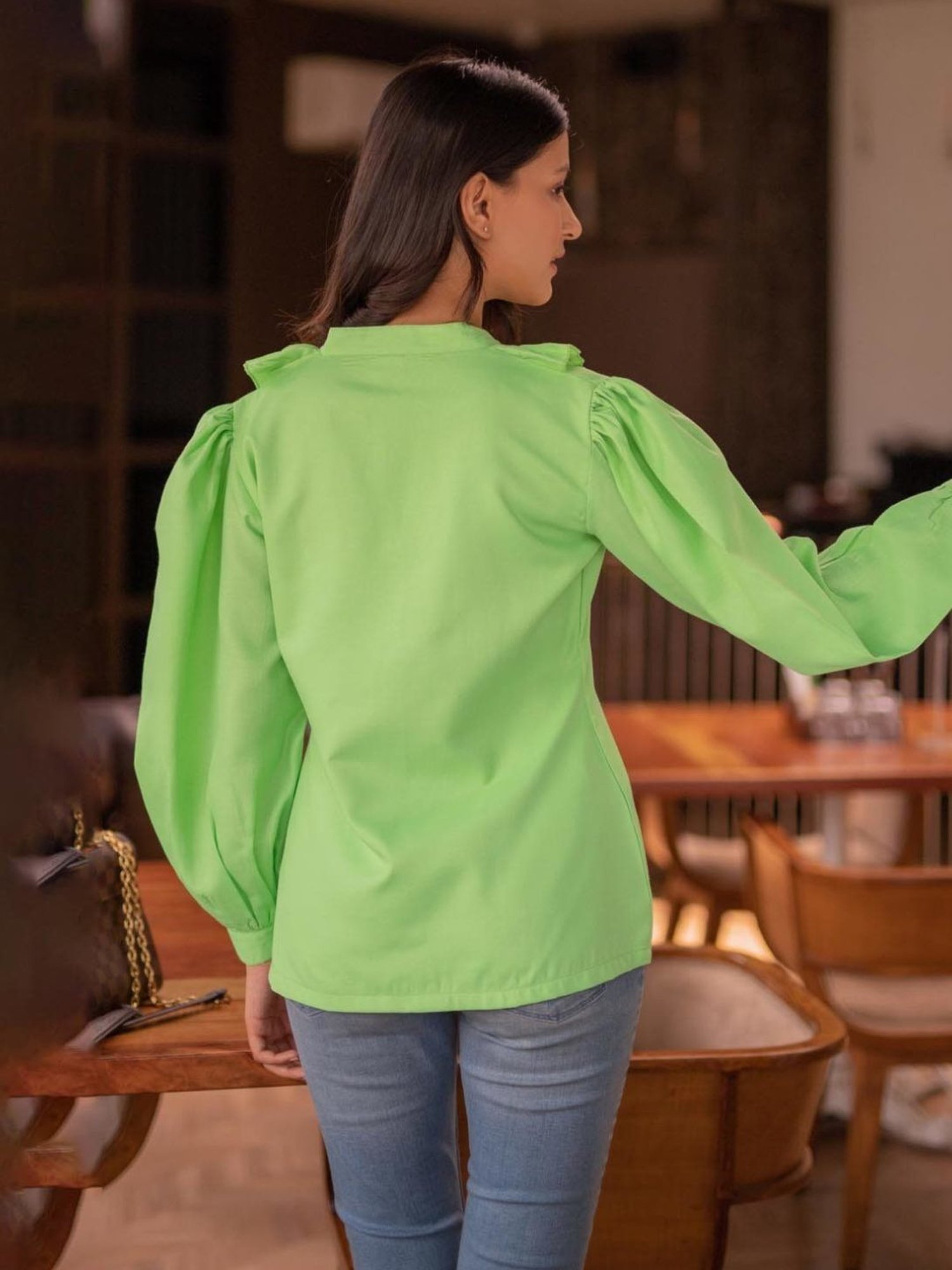 BInfinite Green Chartreuse Ruffled Shirt