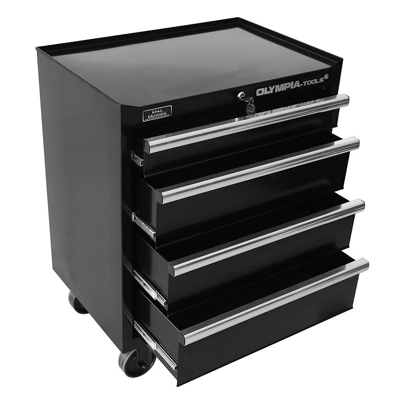 Olympia Tools 4-Drawer Rolling Organizer Tool Storage Chest with Power Strip, Heavy-Duty Caster Wheels, and Secure Lock System, Black
