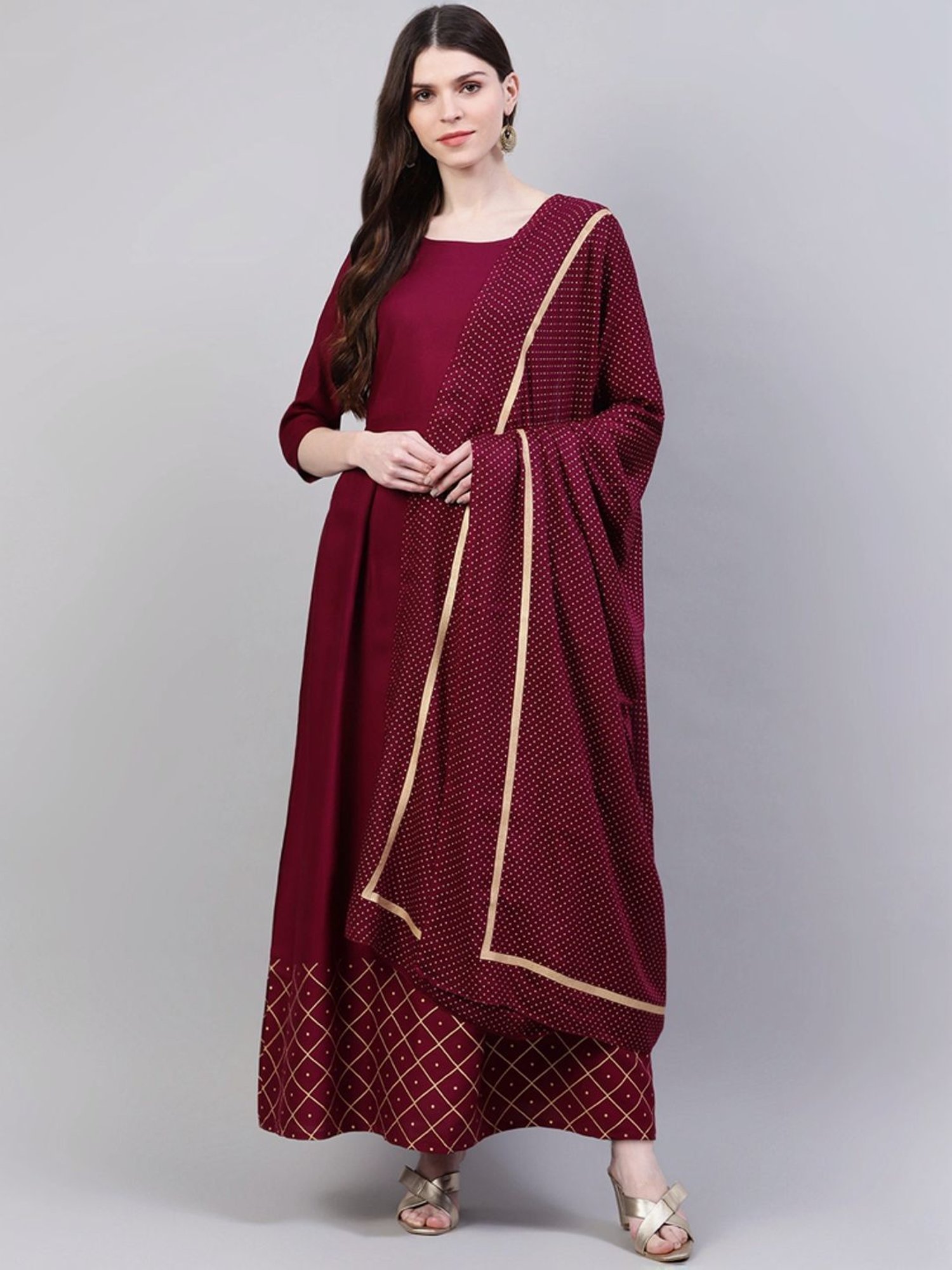 Stylum Wine Printed Dress with Dupatta