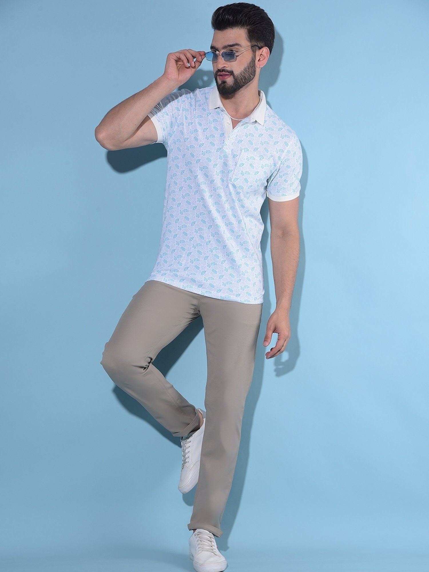 Crimsoune Club Blue Slim Fit Floral Print Polo T-Shirt