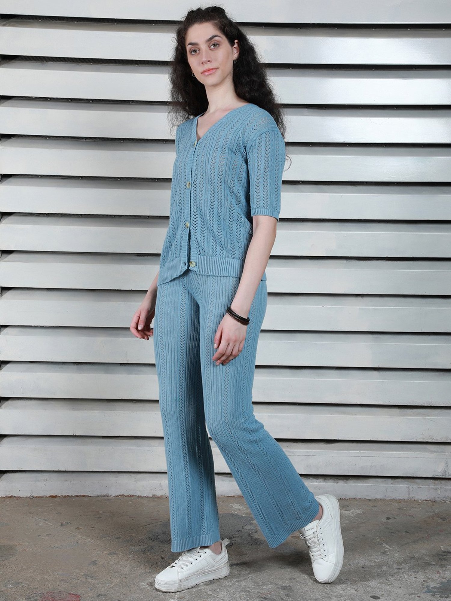 High Star Blue Cotton Self Design Top With Pants