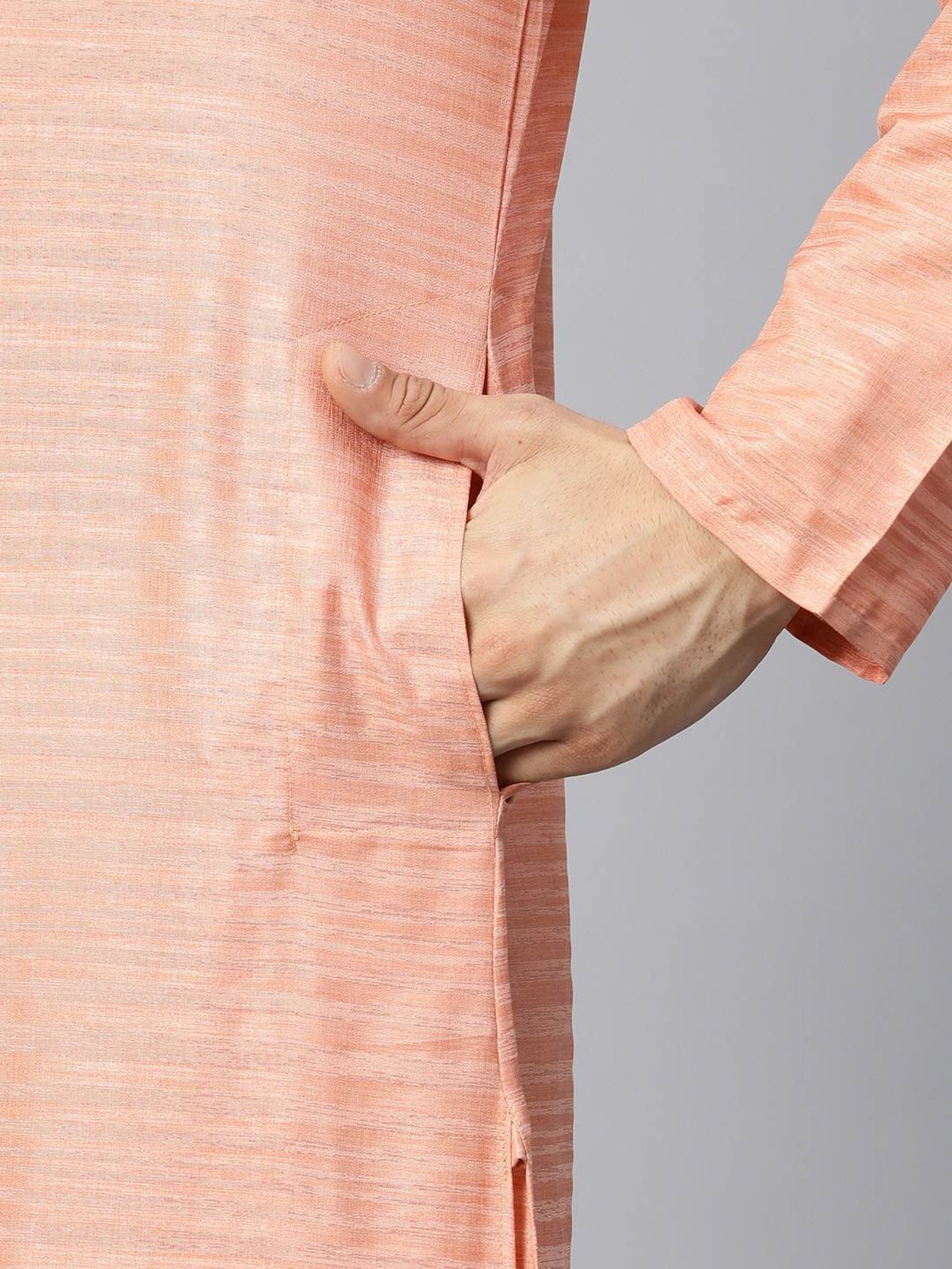 ManQ Peach & White Regular Fit Self Pattern Kurta Bottom Set