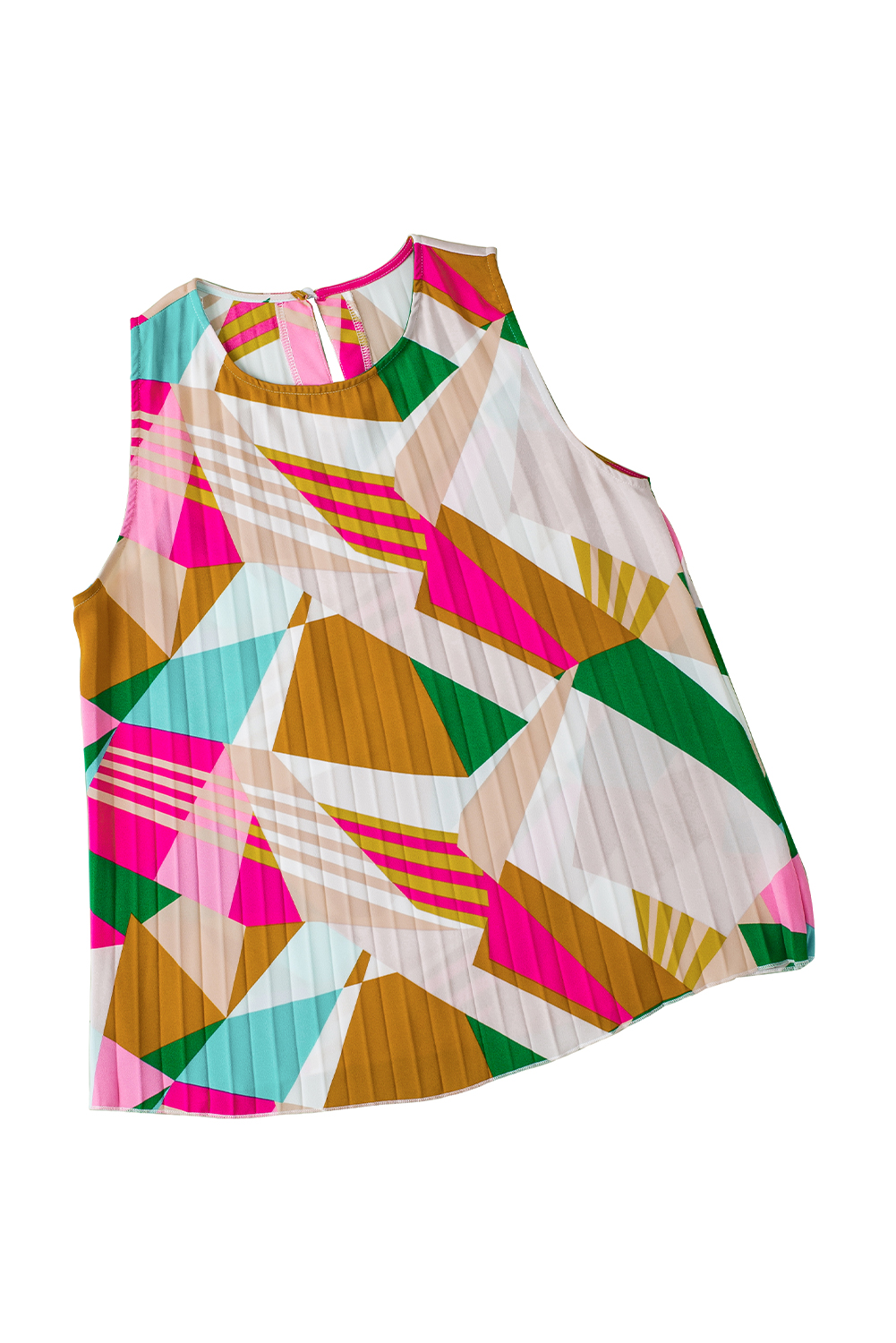 Multicolor Boho Geometric Print Keyhole Back Pleated Sleeveless Shirt