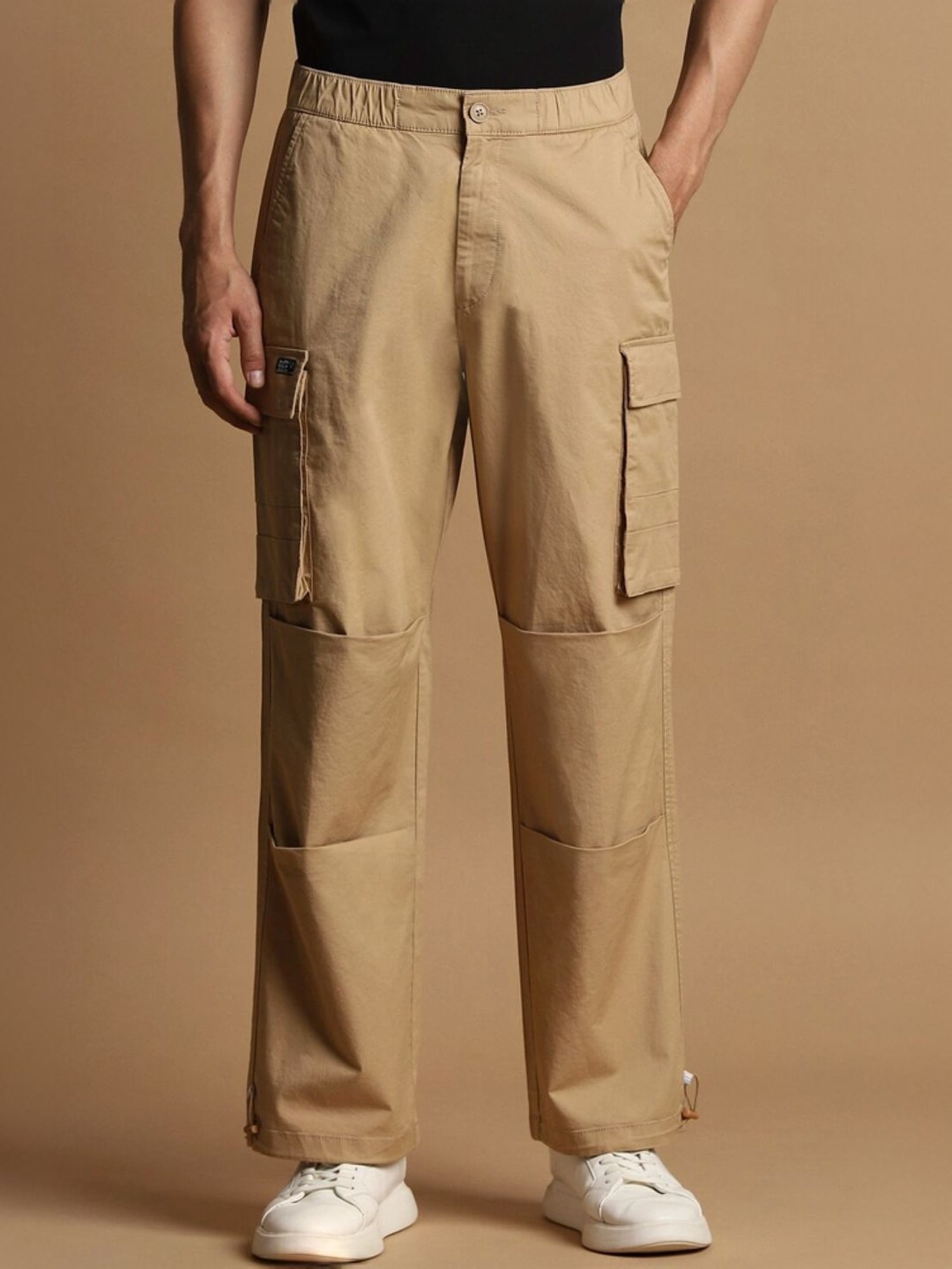 Slowave Beige Regular Fit Flat Front Trousers