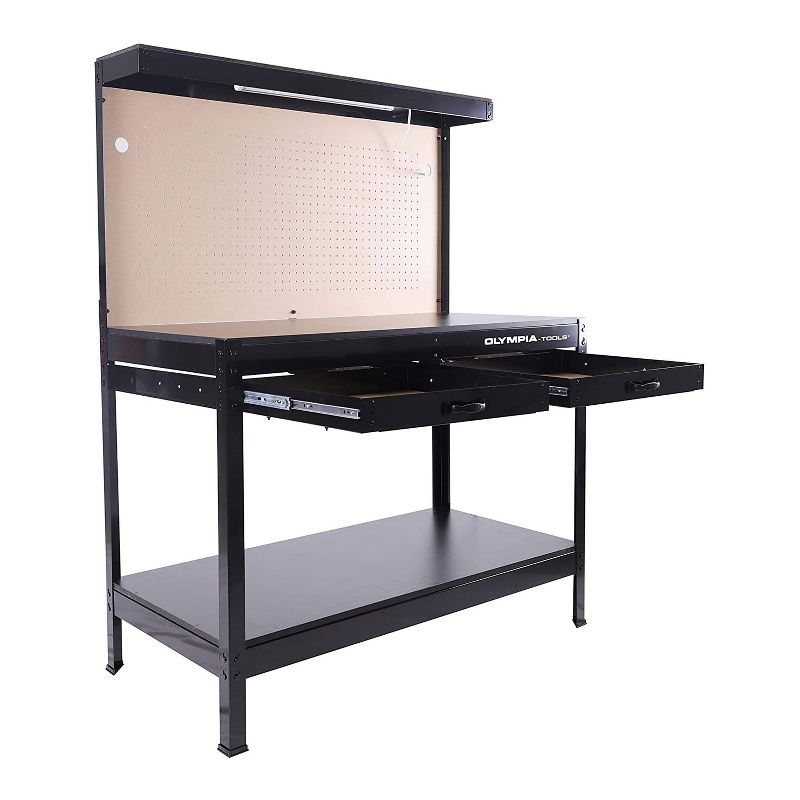 Olympia Tools 47 Inch Steel Workbench w/ 220 Pound Capacity, 13 Watt Cabinet Light, 3 Built In Outlets, Tool Pegboard, Storage Drawers & Shelf, Black