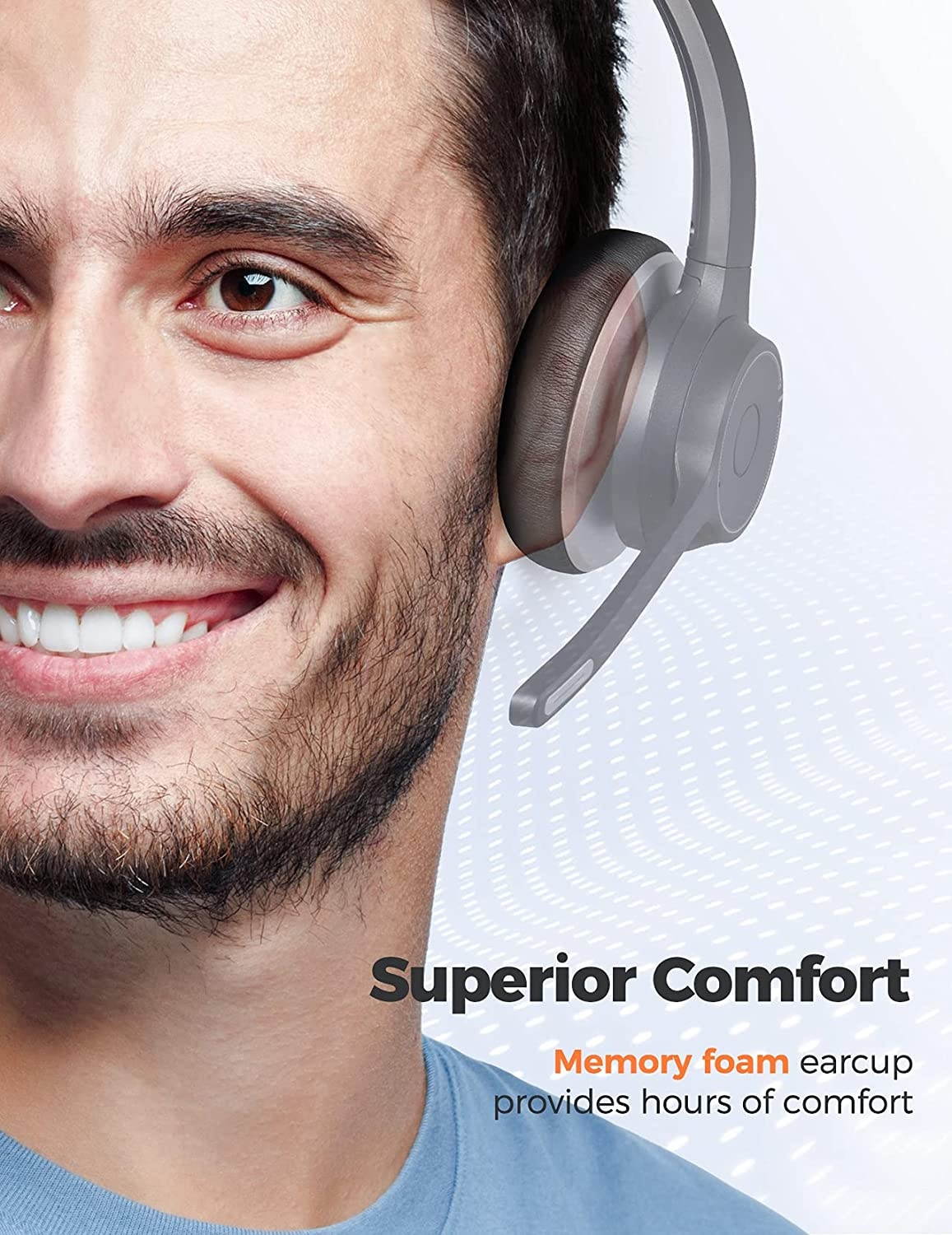 Wireless Headset with Dual Microphone Headsets with CVC8.0 Noise Cancelling Mic Mute Function Wireless 5.0 55ft Range Soft Earmuff Wired Headphones for PC Home Office Call Center Class Skype