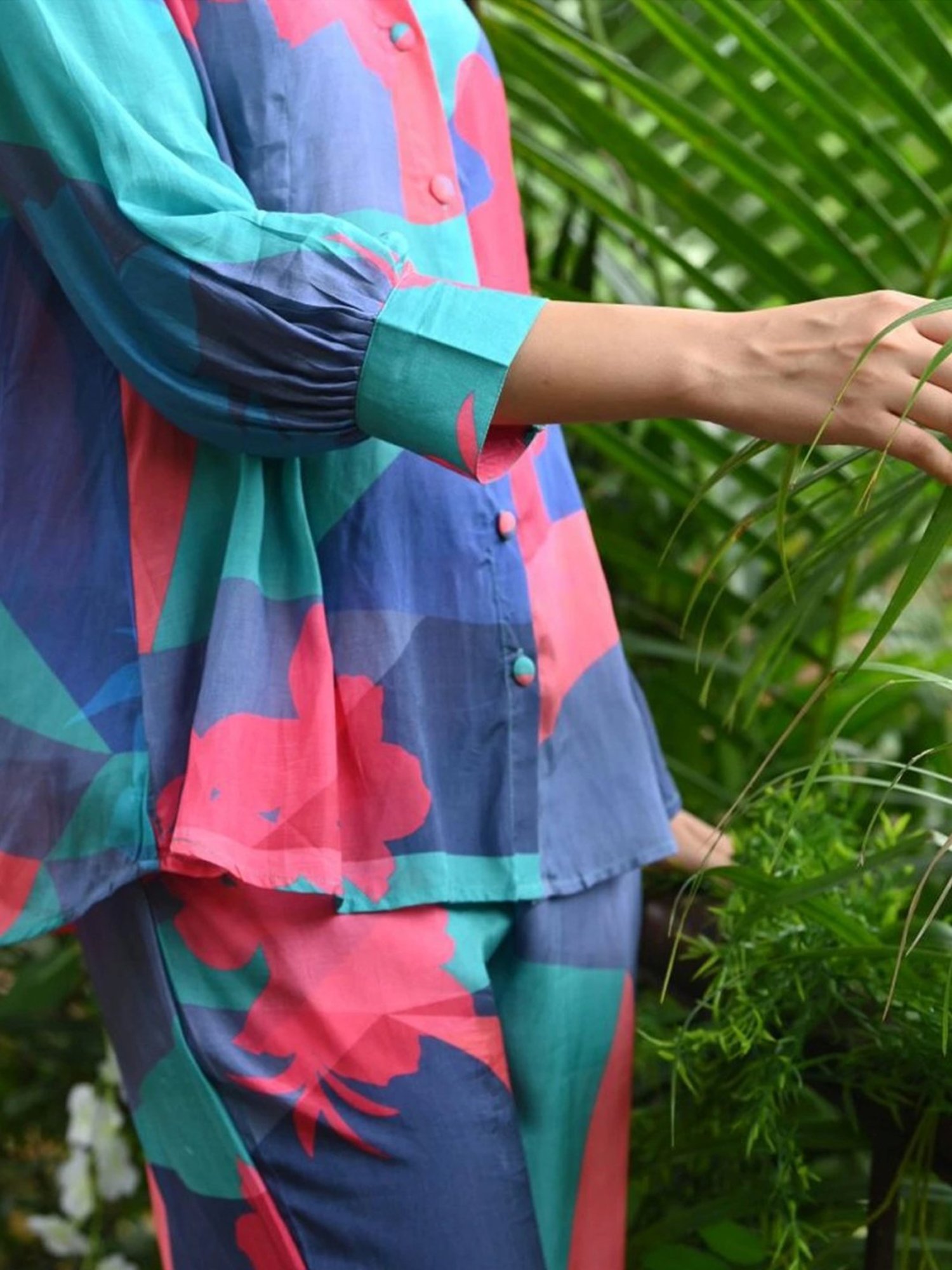 Mahee Jaipur Blue & Green Blue and Green Geometric Botanic design Shirt with Pant Co-ord Set