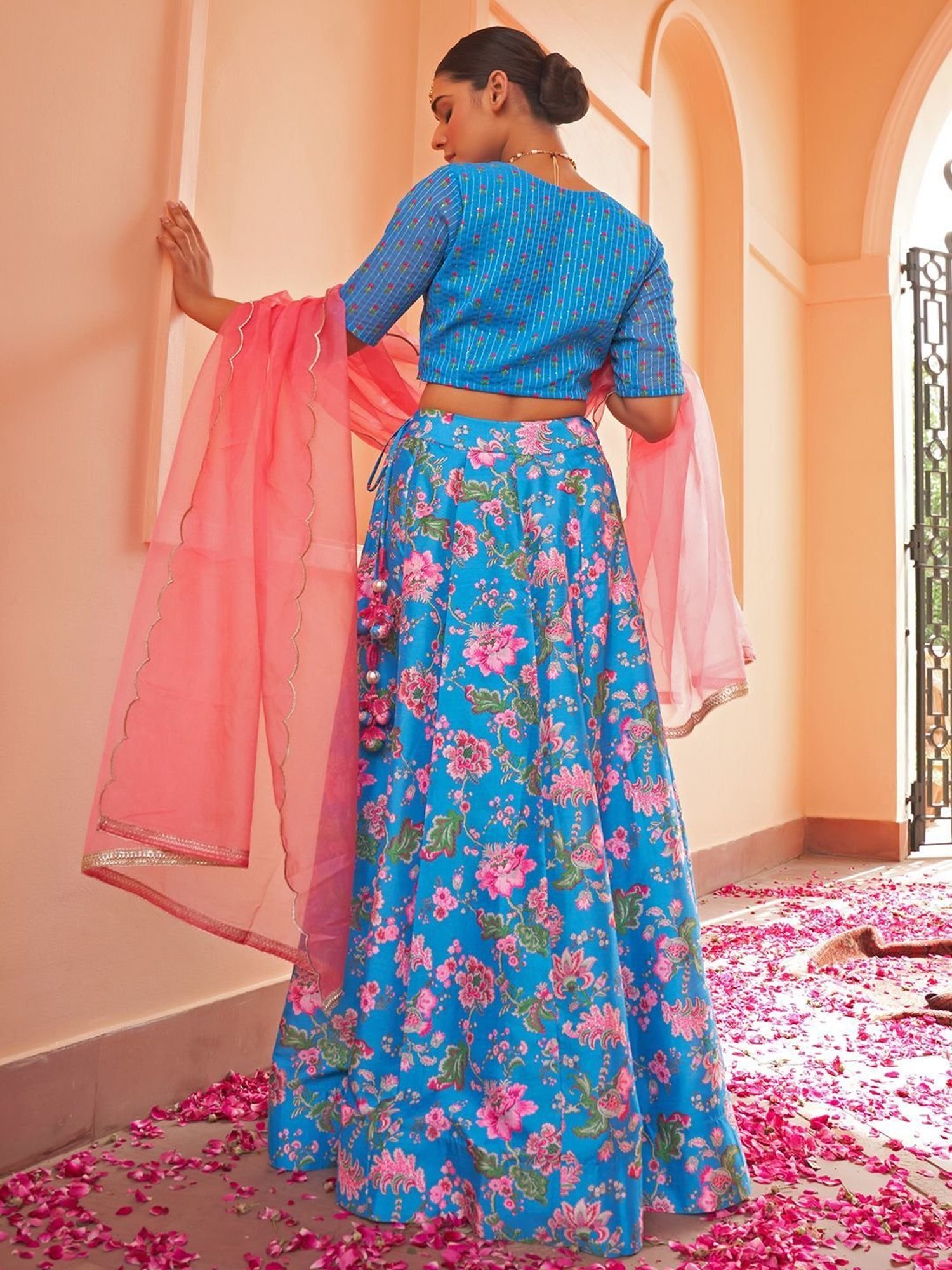 Janasya Blue & Pink Floral Printed Lehenga Choli Set With Dupatta