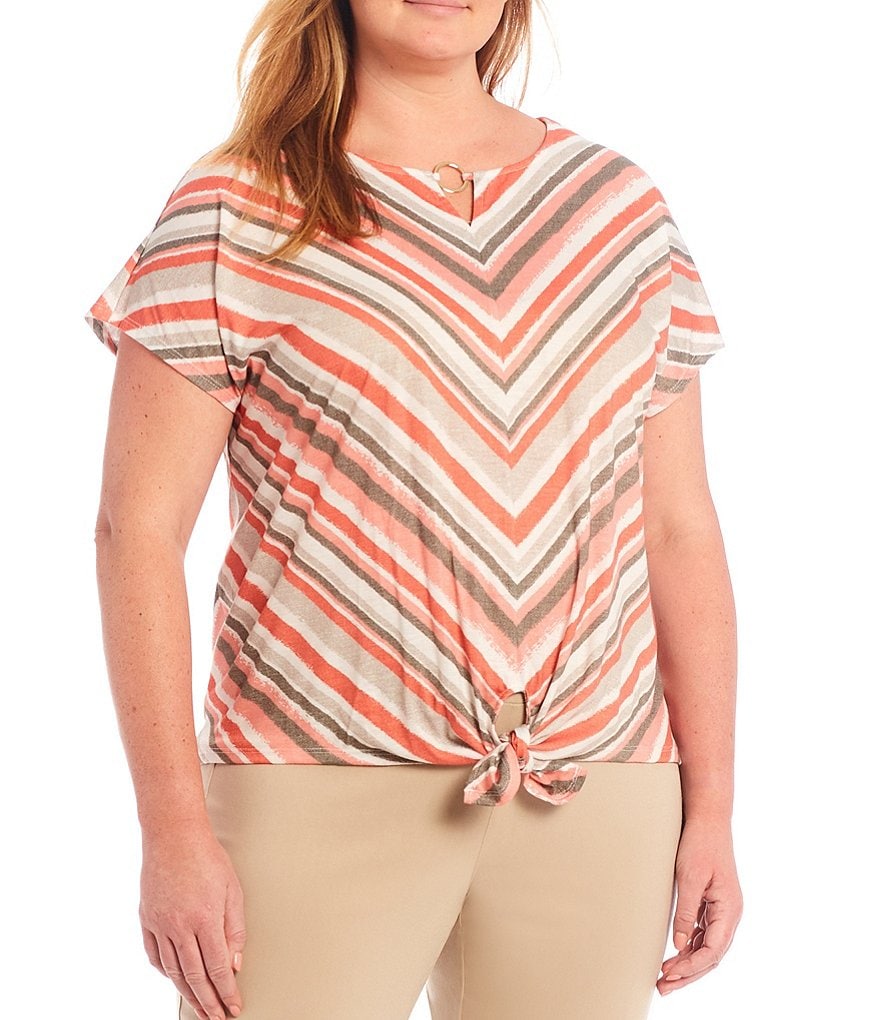 Allison Daley Plus Size Miter Stripe Crinkle Knit Ring Keyhole Neckline Detail Cap Sleeve Tie-Front Top