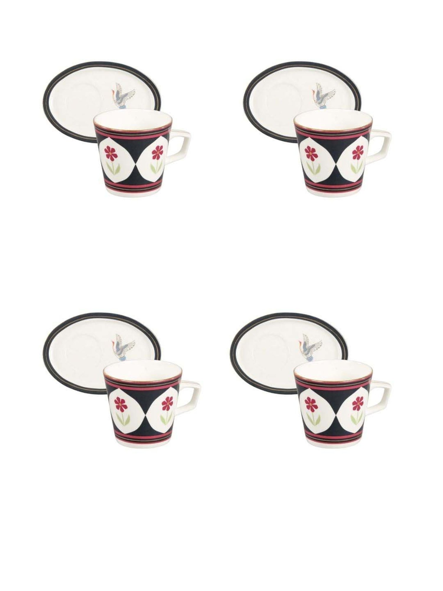 India Circus Black & White Ceramic 4 Cup (0.22 L) with 4 Saucer