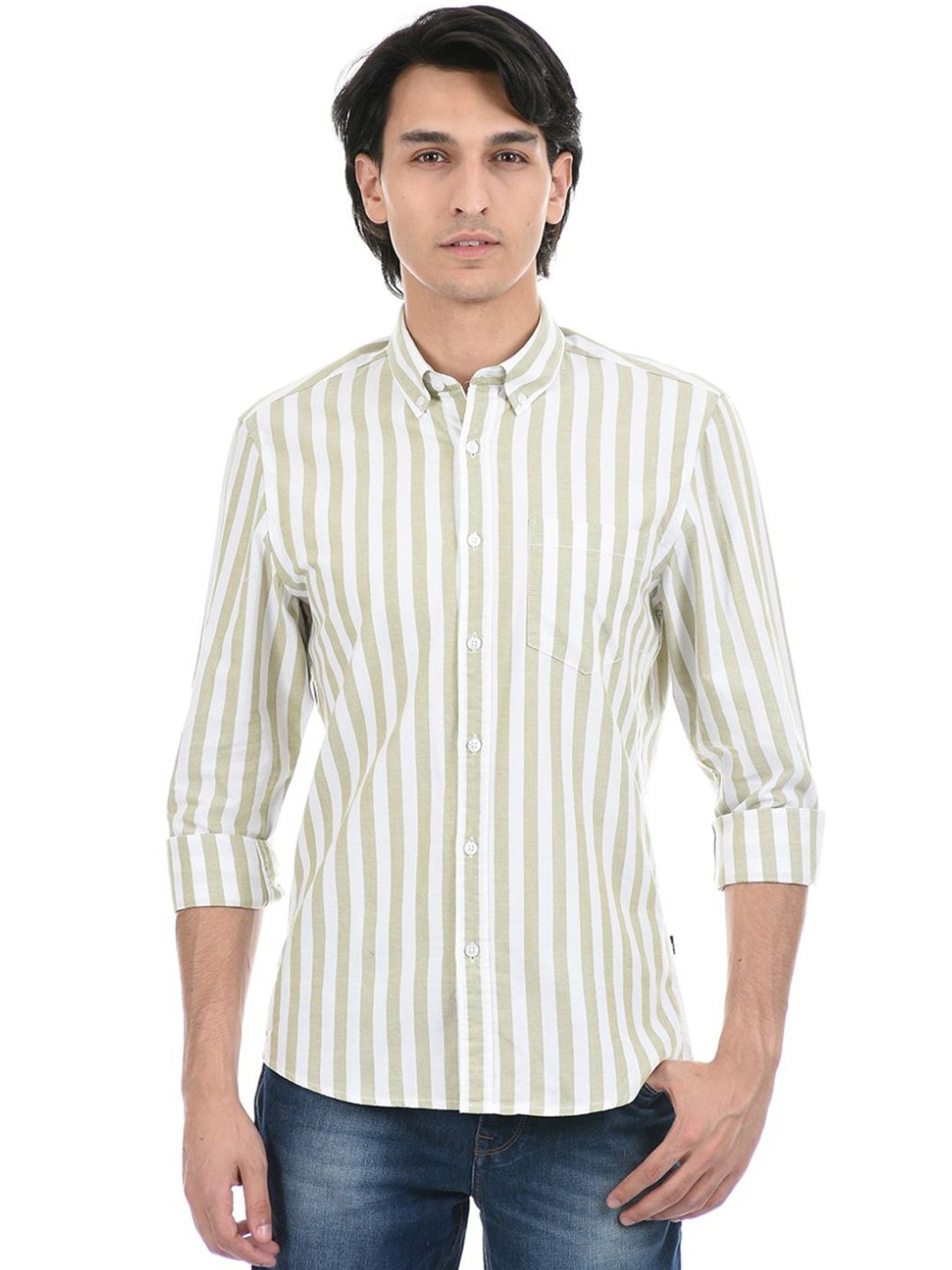 London Fog Green Regular Fit Striped Shirt
