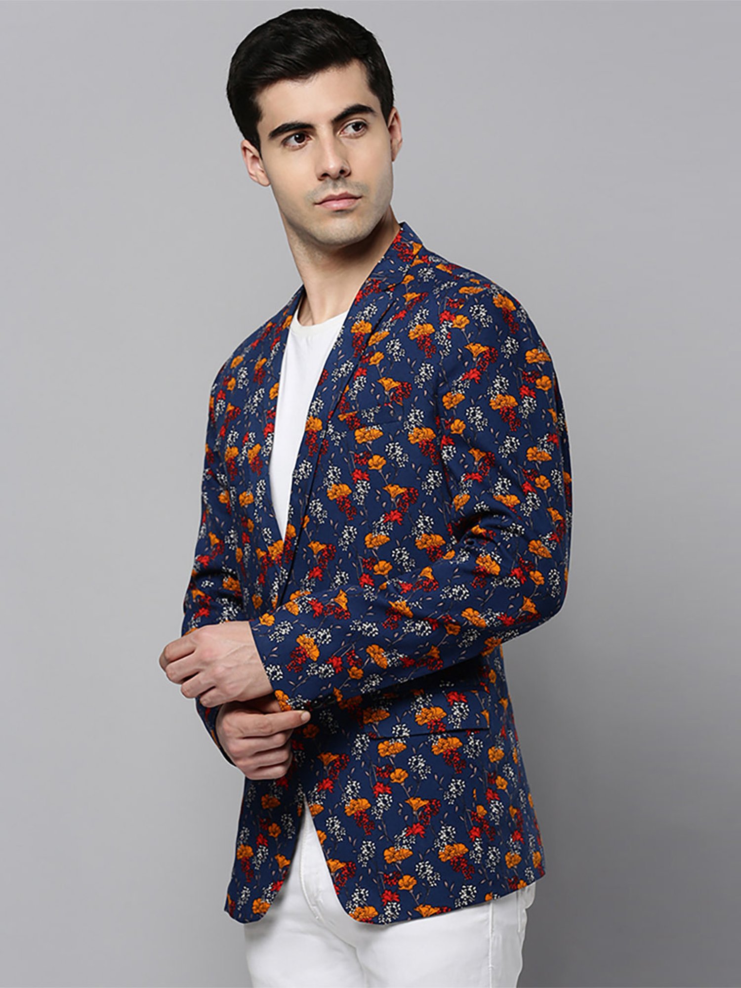 SHOWOFF Navy Blue Cotton Slim Fit Floral Print Blazer