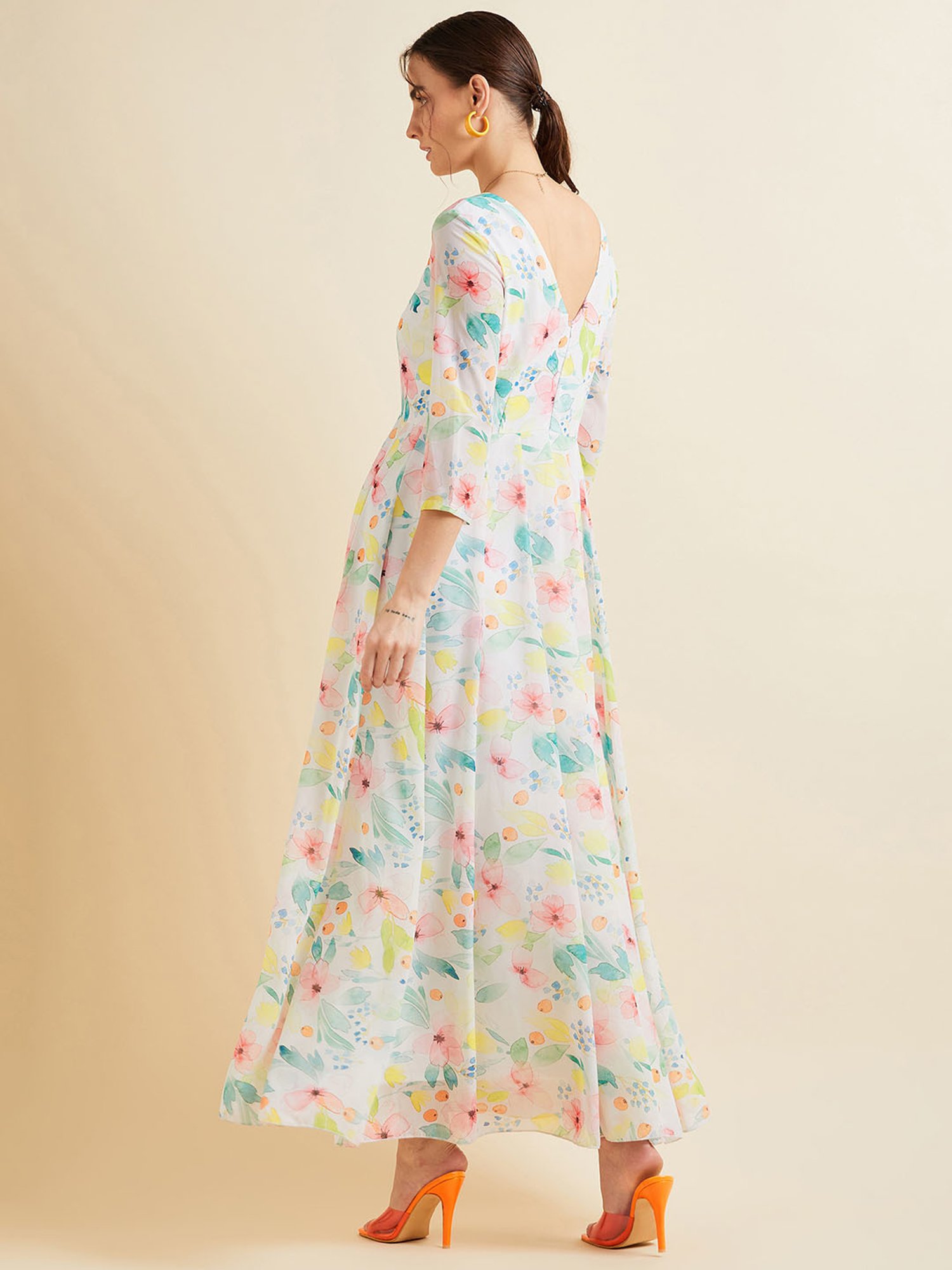 PANIT White Floral Print Ethnic Dress