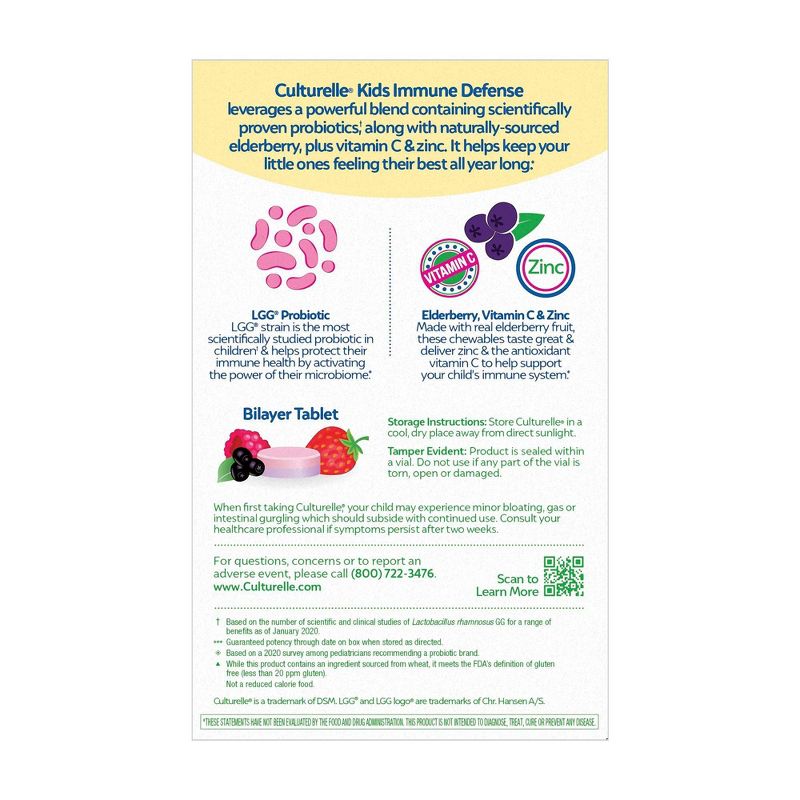Culturelle Kids Daily Immune Defense Probiotic + Elderberry, Vitamin C and Zinc Chewable for Oral Health - 20ct