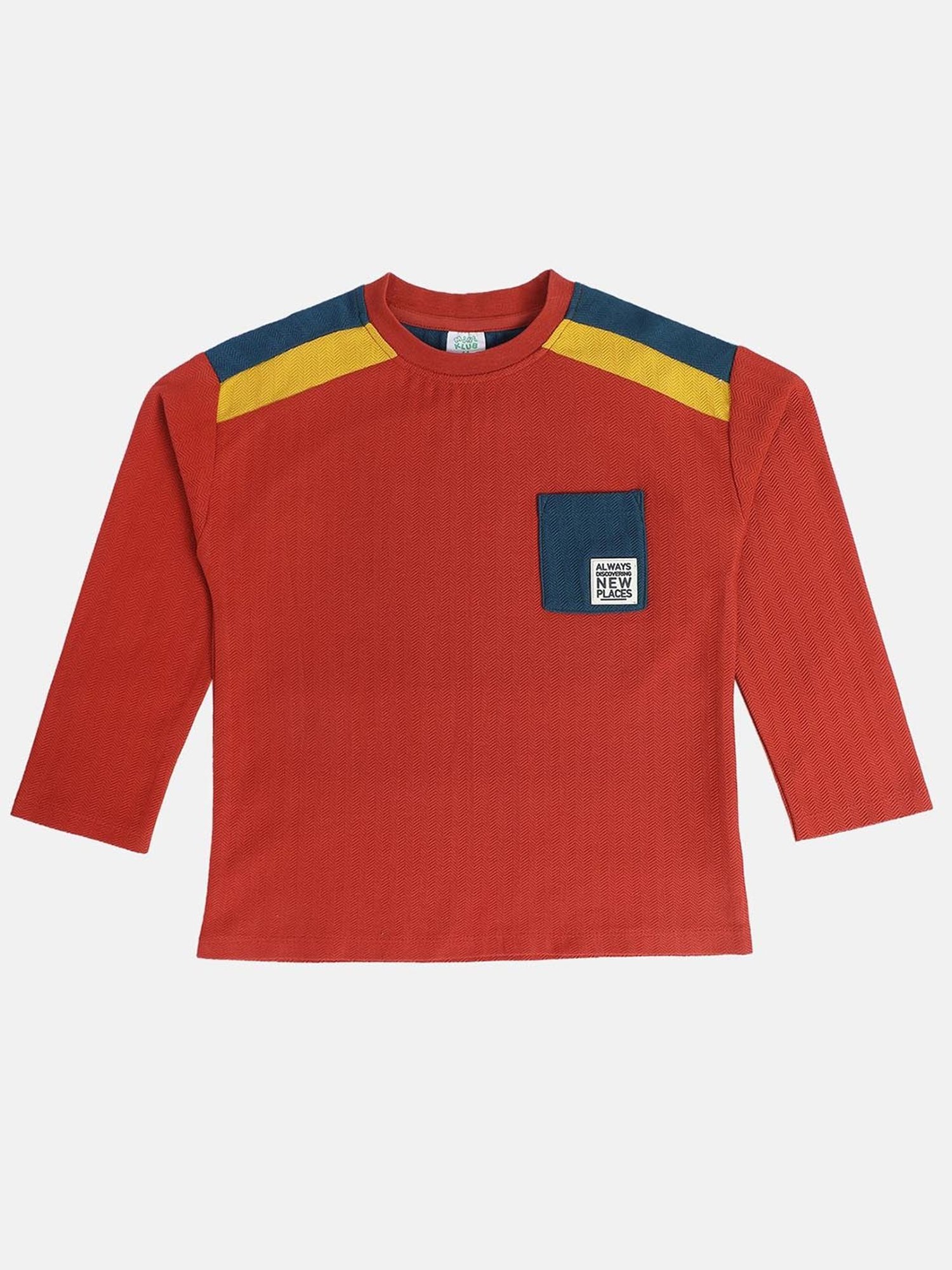 MINIKLUB Boys Red Cotton Color Block Full Sleeves T-Shirt