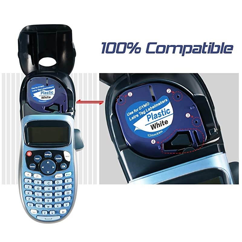 Compatible Label Tape Replacement for Dymo Letratag Refills Plastic 91331 S0721660 Label Tape 12 Inch x 13 Feet Black on White for DYMO Label Maker LT100H LT100T LT110T 10Pack