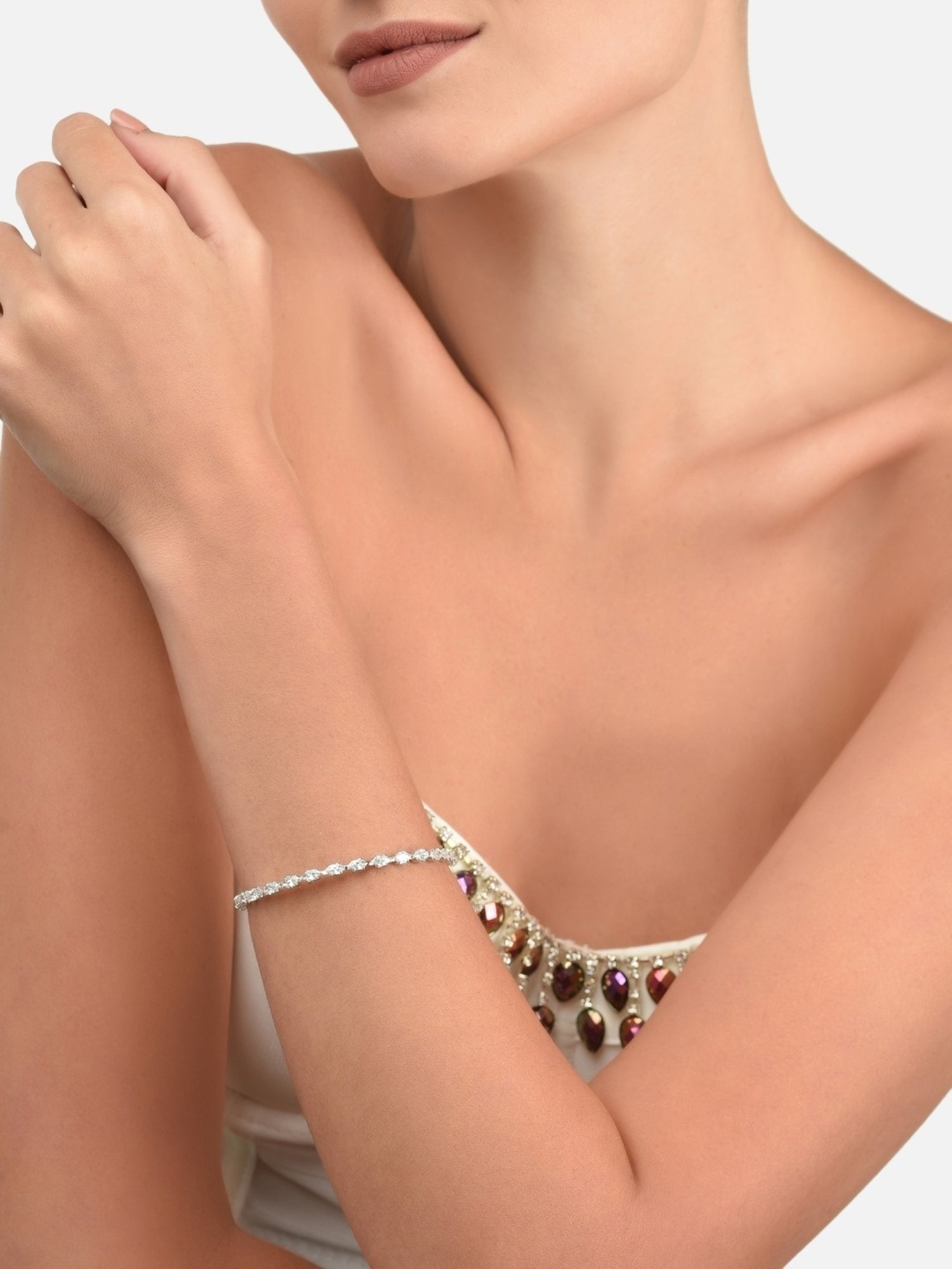 Zaveri Pearls Silver Tone Marquise Cubic Zirconia Layered Necklace, Earring & Bracelet Set