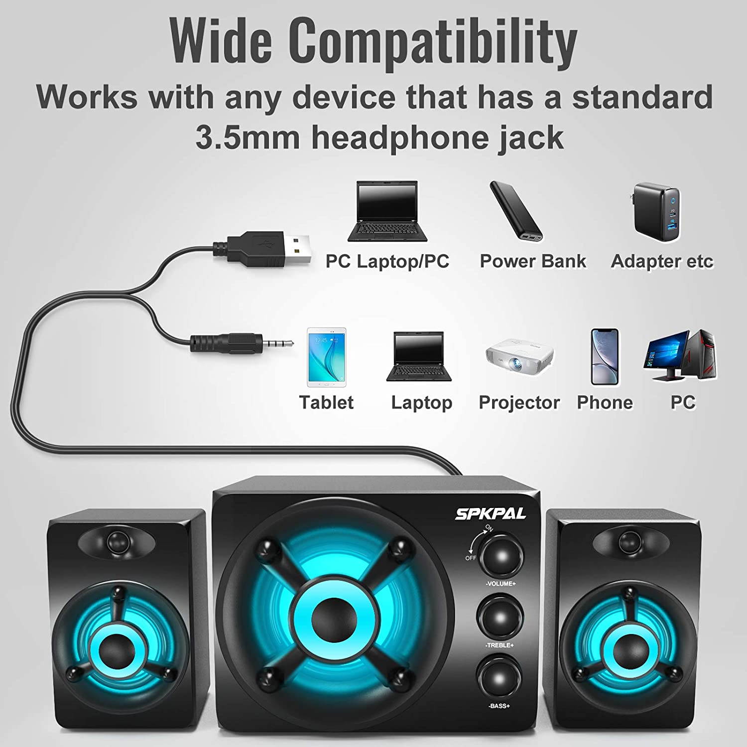 Computer Speaker with Subwoofer USB-Powered 2.1 Multimedia Speakers System,3.5mm Aux Input with LED Atmosphere Light Stereo Wired Desktop Speaker for Gaming PC,Laptops,Tablets