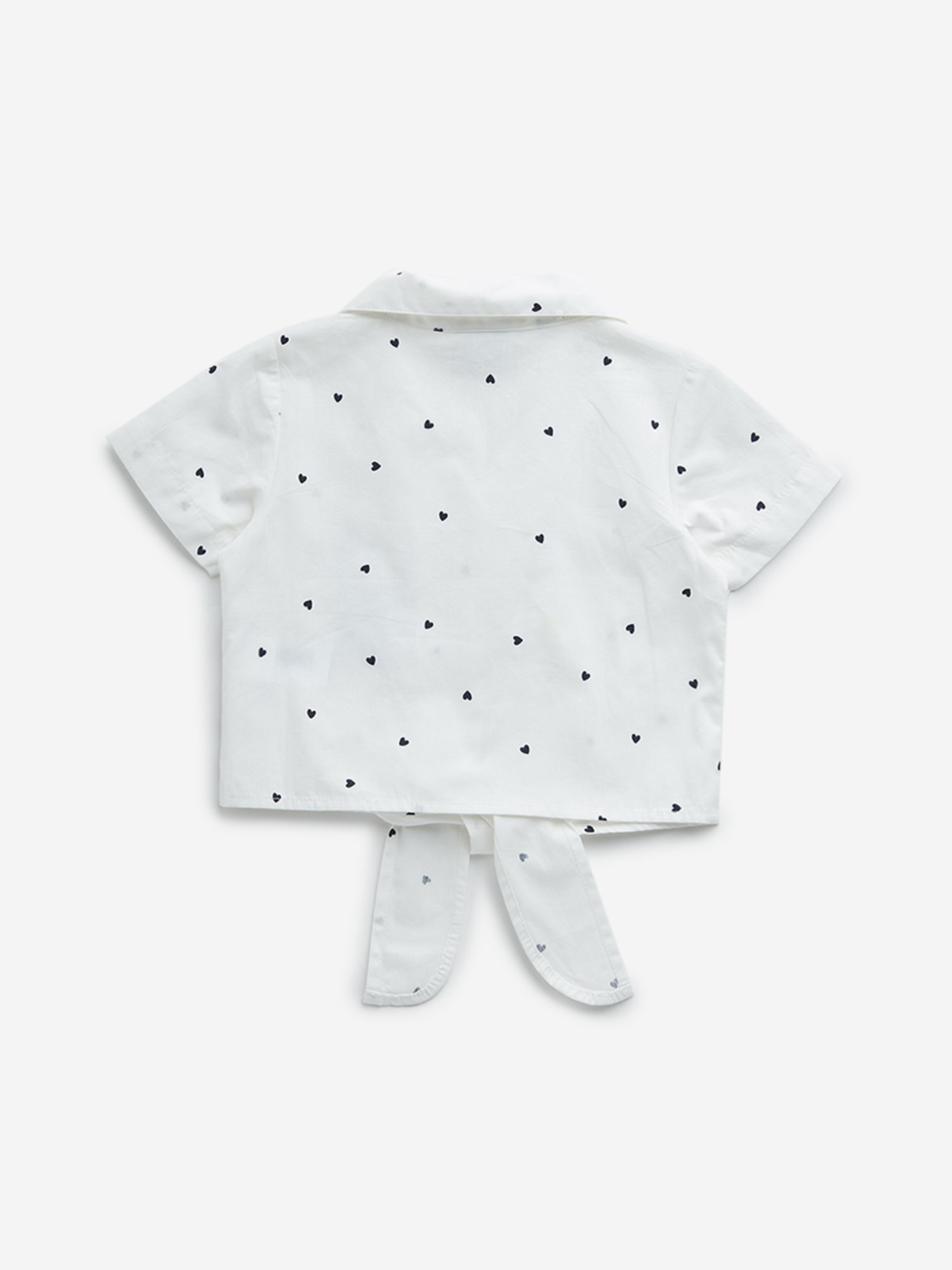 HOP Kids by Westside Off-White Cat Embroidered Tie-Up Cotton Shirt