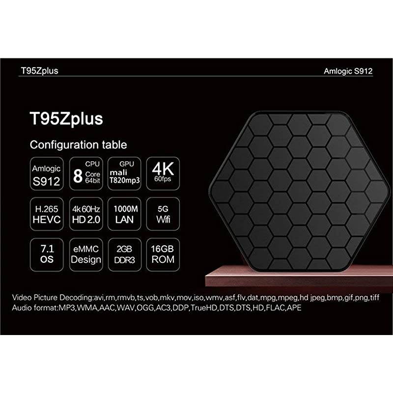 TV Box T95Z Plus 7.1.2 TV Box 2G+16G Amlogic S912 Octa-Core, 2.4/5.8G Dual-Band Wi-Fi/10-1000M LAN 64Bit BT4.0 H.265 UHD 4K Box with Mini Wireless Keyboard & Remote