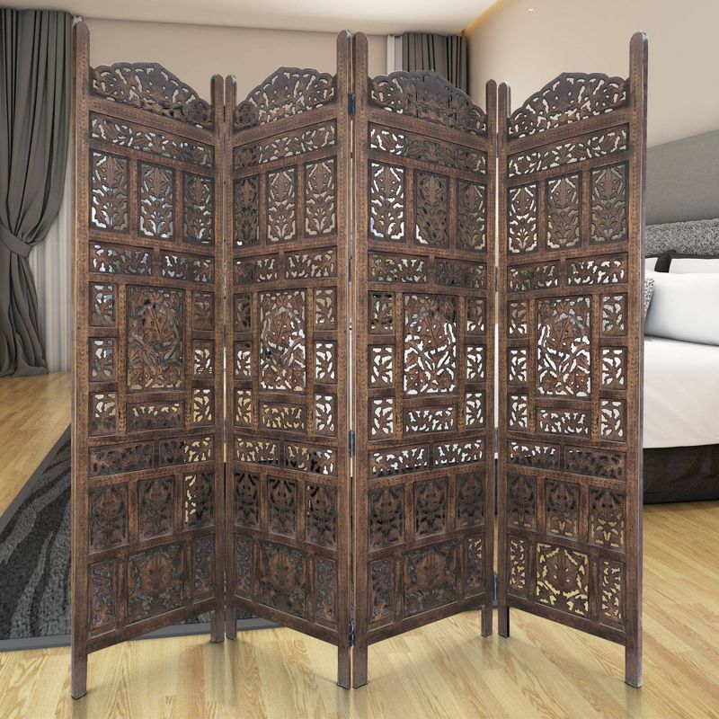 4 Panel Mango Wood Screen with Intricate Carvings Brown - Benzara