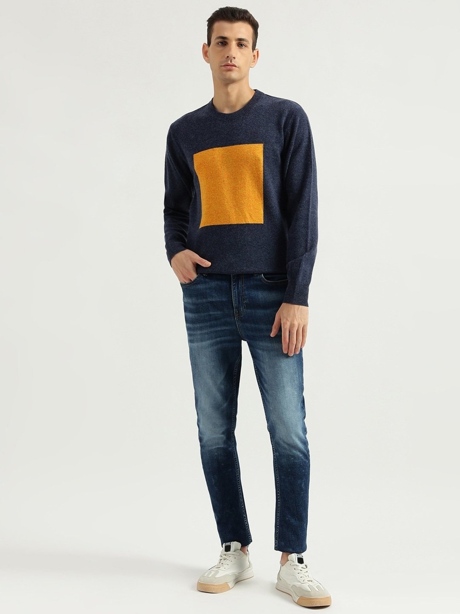 United Colors Of Benetton Blue Regular Fit Colour Block Sweater