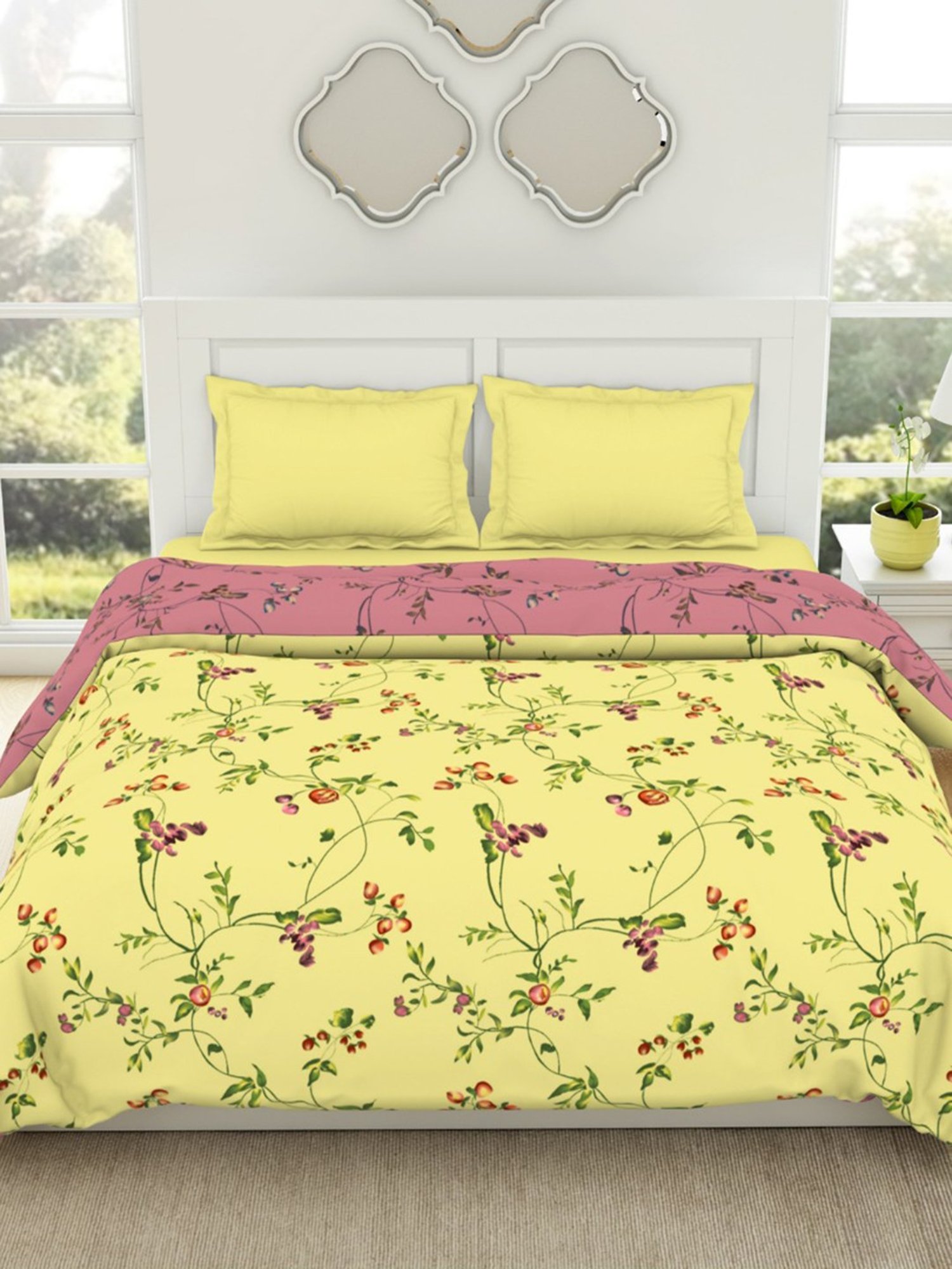 Spaces Floral Yellow 144 TC Cotton Double Quilt