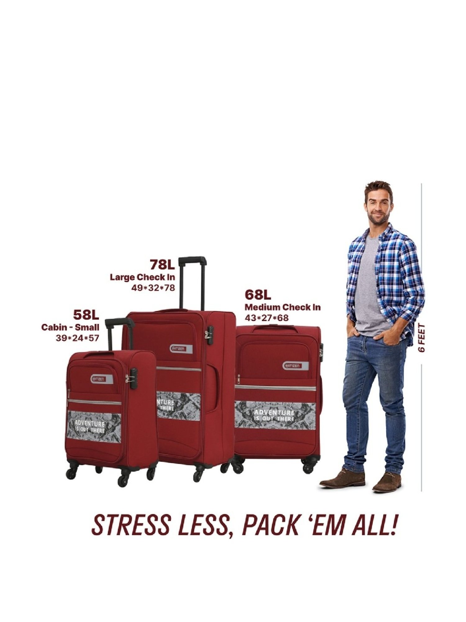 Citizen Adventure Vista Red Printed Trolley Bag Pack of 3 - 55 Cms, 65 Cms & 75 Cms