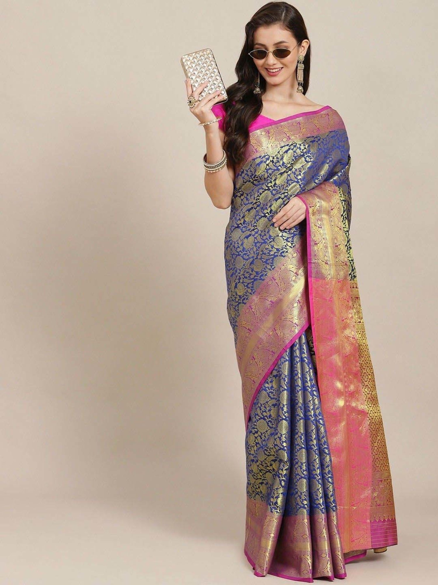 Silk Land Navy & Pink Woven Saree With Unstitched Blouse