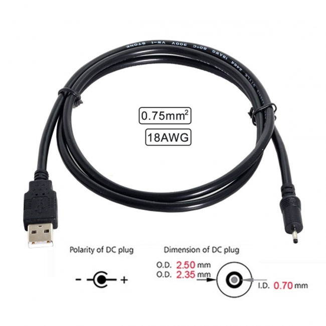 CY 18AWG 0.75mm*2 USB 2.0 A Type Male to DC 2.50mm 2.35mm 0.7mm Power Plug 5V Cable 100cm U2-035