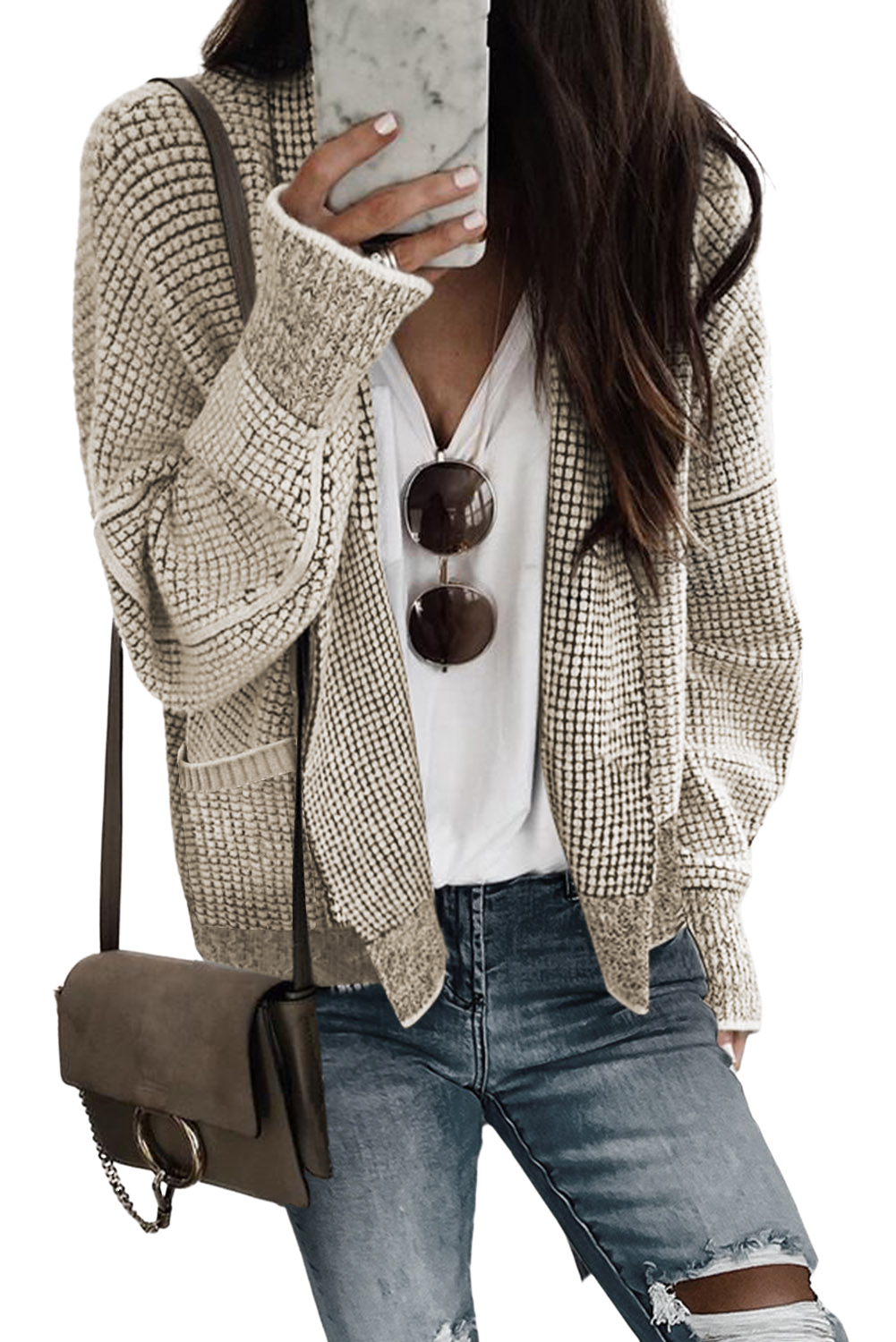 Apricot Chunky Knit Pockets Drop Sleeve Cardigan