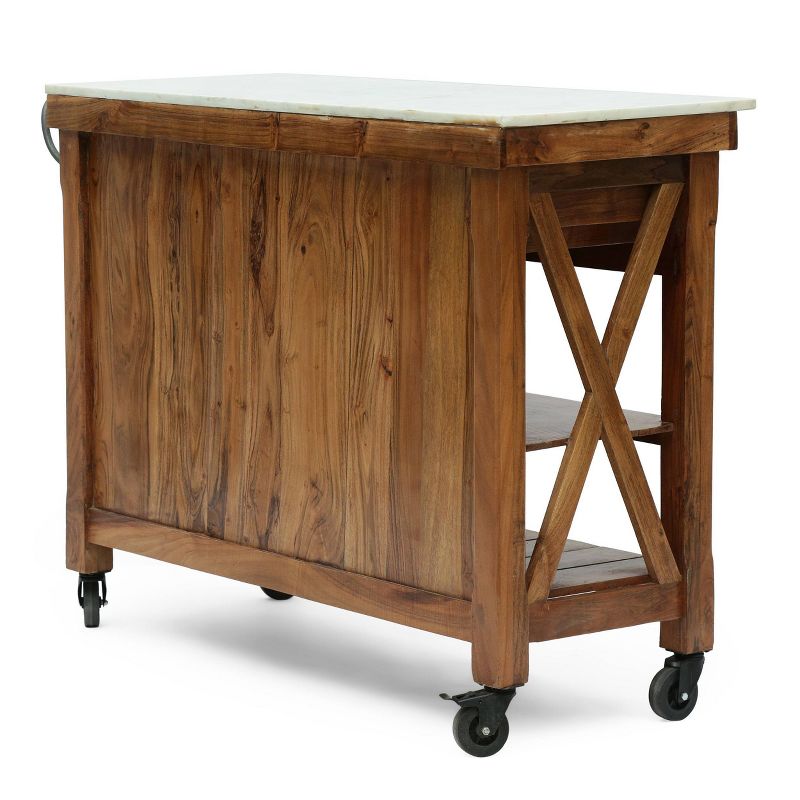 Depolo Rustic Glam Handcrafted Marble Top Acacia Wood Kitchen Cart with Wheels Natural/Natural White - Christopher Knight Home