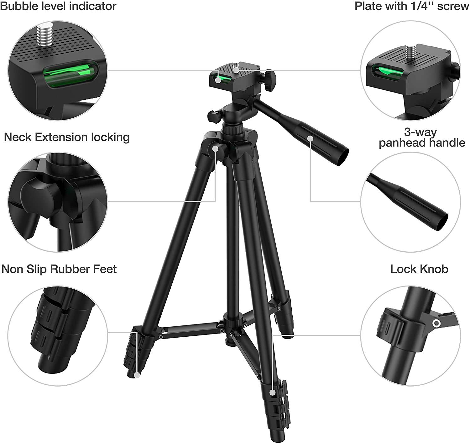 Phone Tripod, 51" Extendable Travel Lightweight Tripod Stand with Carrying Bag, Universal Tripod with Bluetooth Remote, Cell Phone Mount for iPhone Xs/Xs Max/Xr/X/8/8 Plus/Samsung/Android Phone,Camera