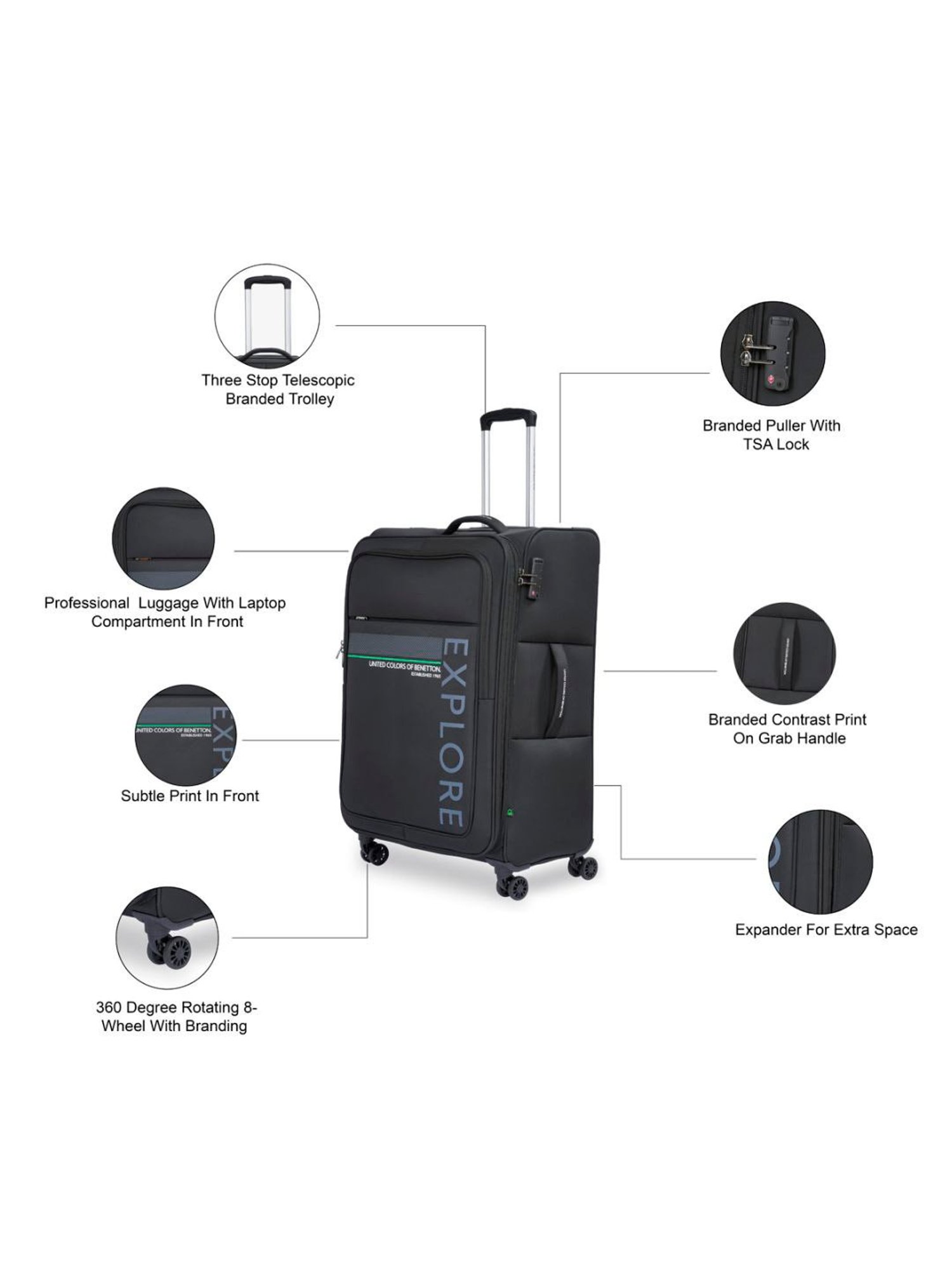 United Colors of Benetton Garret Black Printed Soft Large Trolley Bag -78 Cms