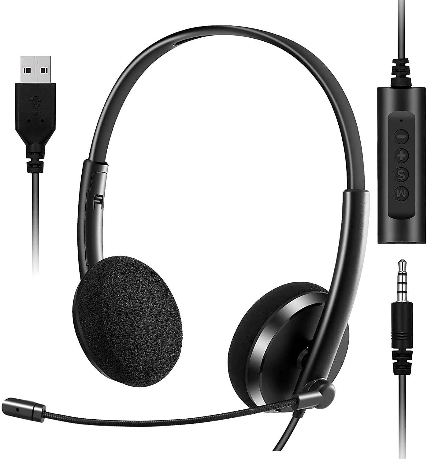 USB Headset with Microphone Noise Cancelling & Ultra-Soft 3.5mm Computer Headset for Laptop PC Cell Phone iPhone Skype Zoom Webinar Call Center Office