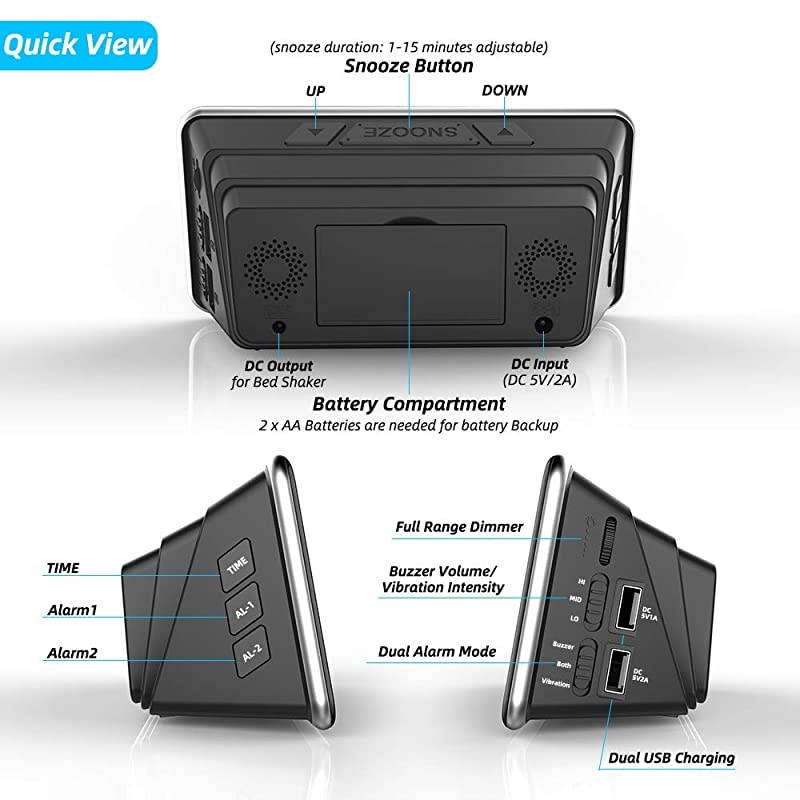 Loud Alarm Clock with Bed Shaker Vibrating Alarm Clock for Heavy Sleepers Deaf and Hard of Hearing Dual Alarm Clock with USB Charger 7Inch Display Full Range Dimmer Battery Backup Blue