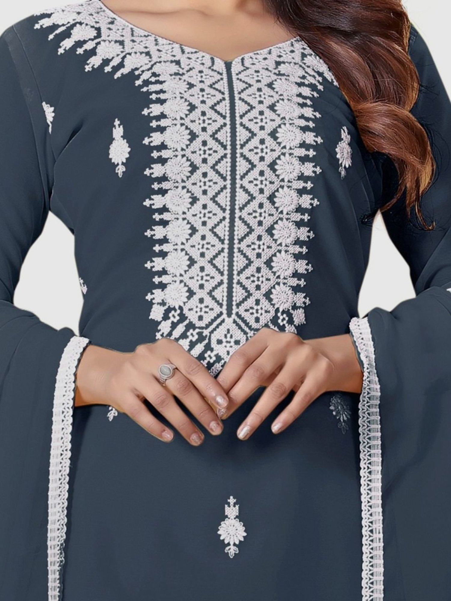 APNISHA Bluish Grey Embroidered Unstitched Dress Material