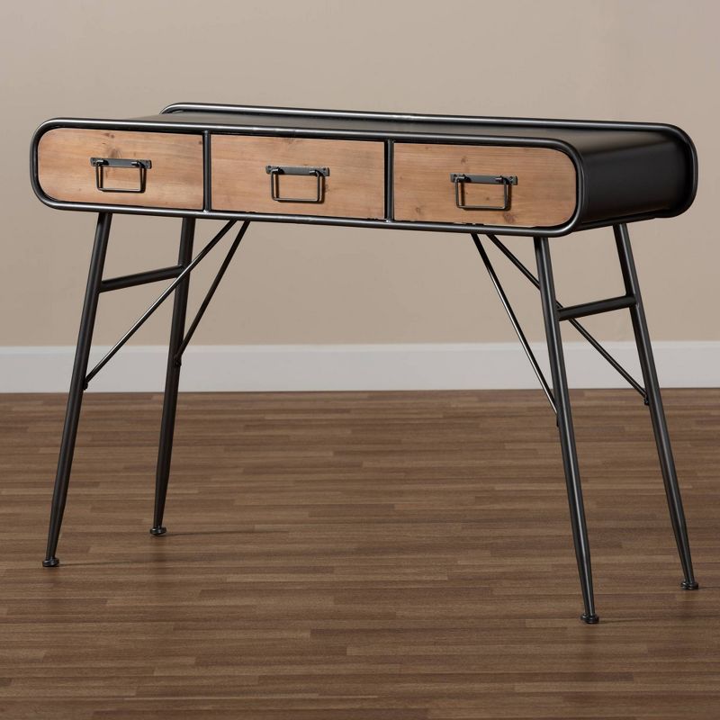 3 Drawer Santo Metal and Oak Finished Wood Console Table Black/Walnut Brown - Baxton Studio